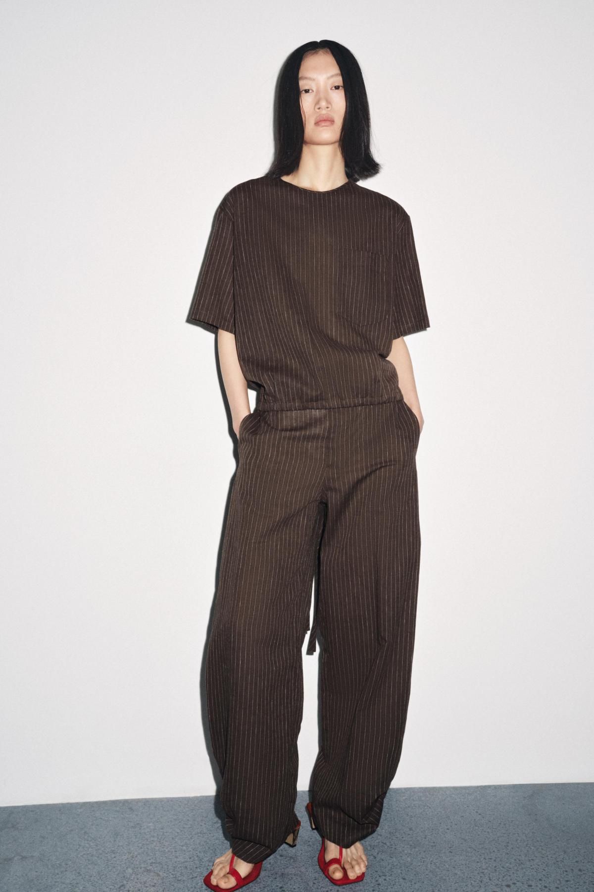 자라 스트라이프 린넨 블렌드 벌룬 와이드 팬츠 8604/232 BROWN / ECRU - 상세 이미지 2