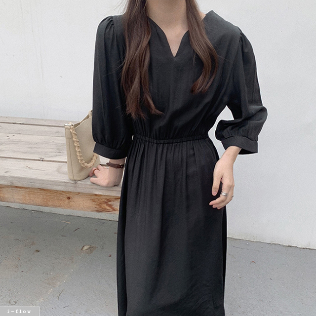 라디 하트넥 실키 롱원피스 2color 가을 봄 7부소매 허리밴딩 루즈핏 맥시 제이플로우 - 상품 이미지