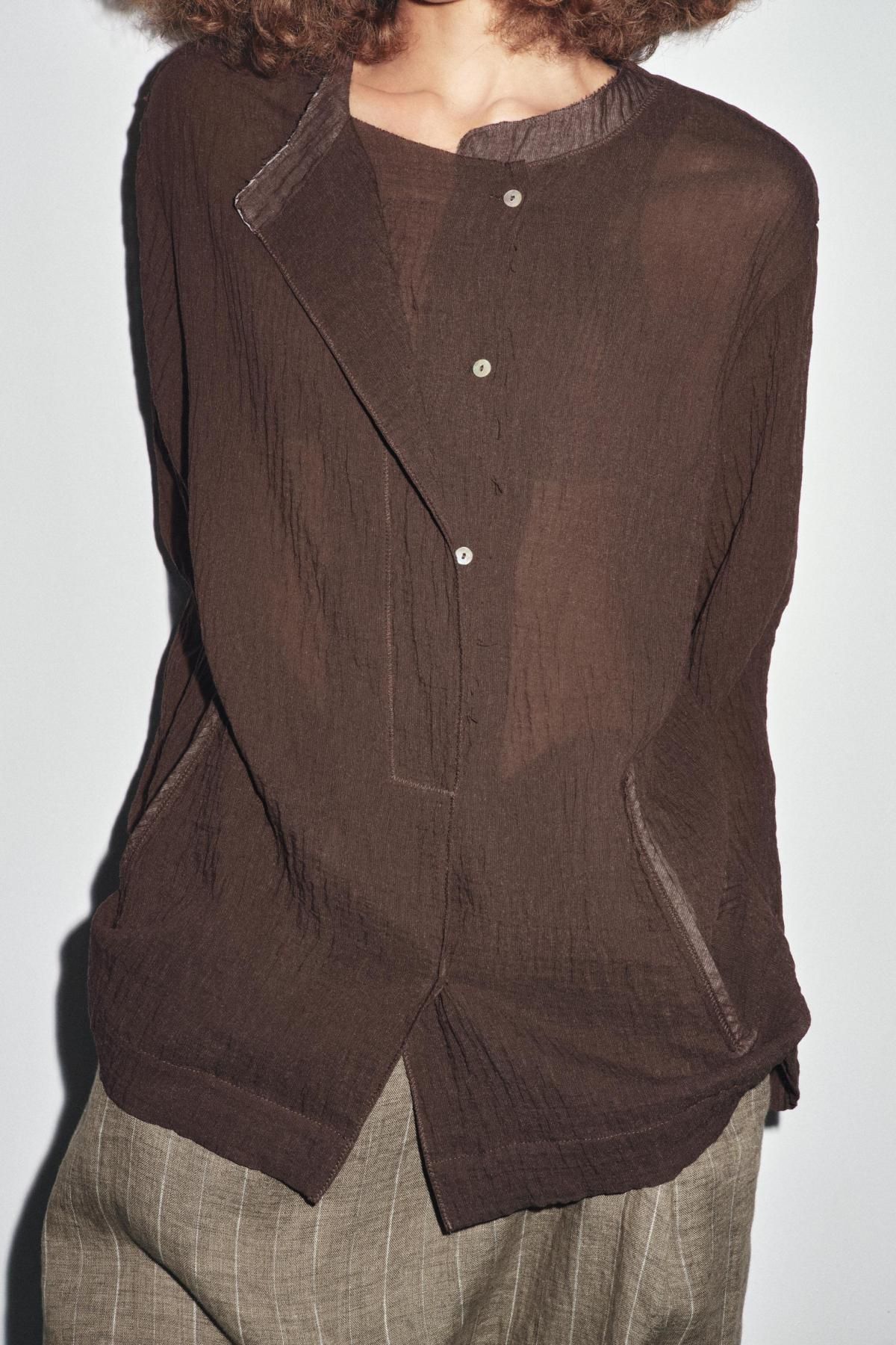 자라 텍스처 비스코스 린넨 블렌드 라운드넥 긴팔 셔츠 9424/267 BROWN - 상세 이미지 3