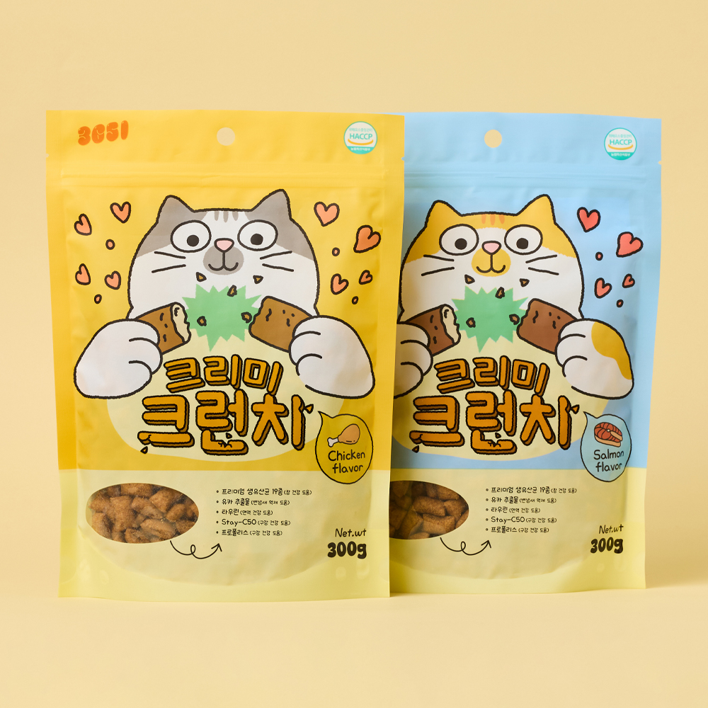 3651 크리미크런치 고양이 간식 이빨과자 겉바속촉 스낵 닭고기+연어, 300g, 2개