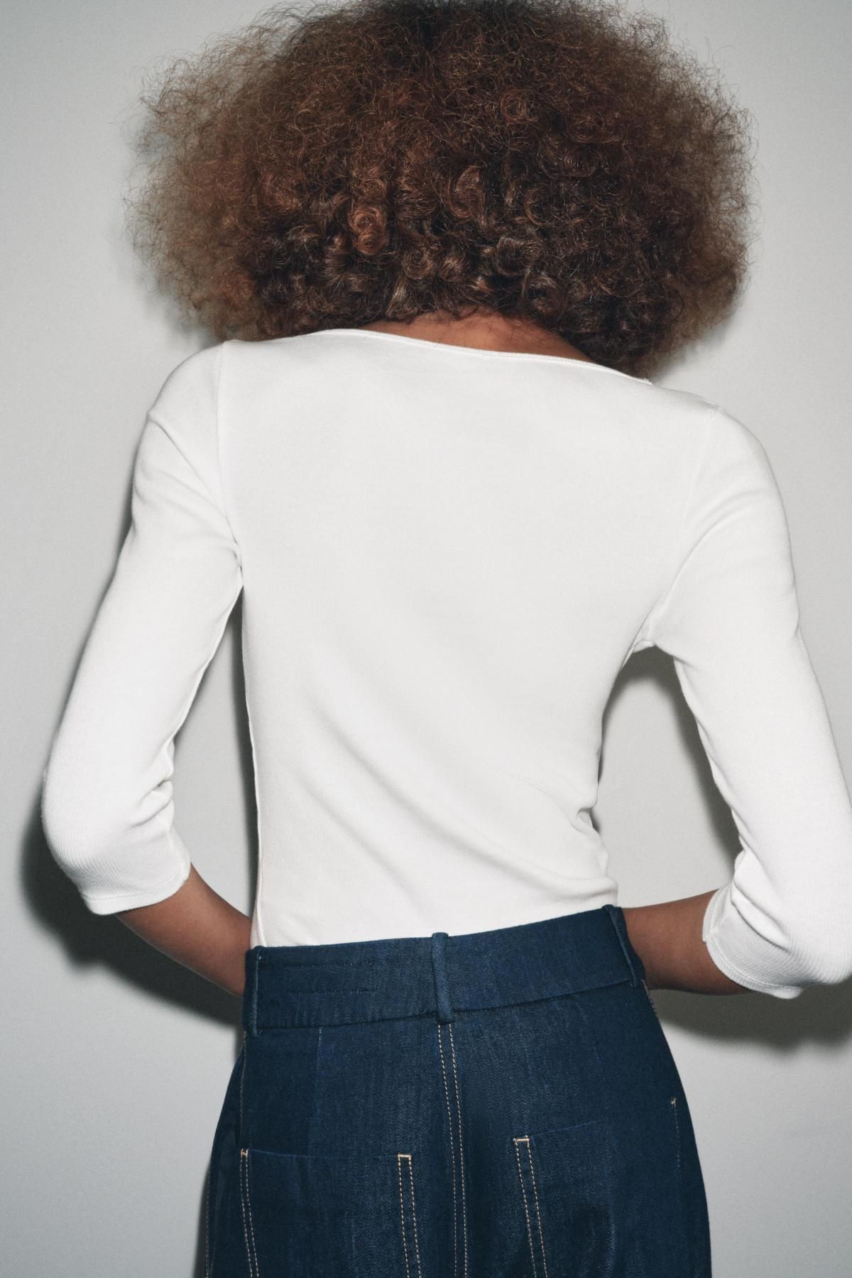 자라 슬림핏 코튼 보트넥 7부 티셔츠 5644/675 WHITE - 상세 이미지 4