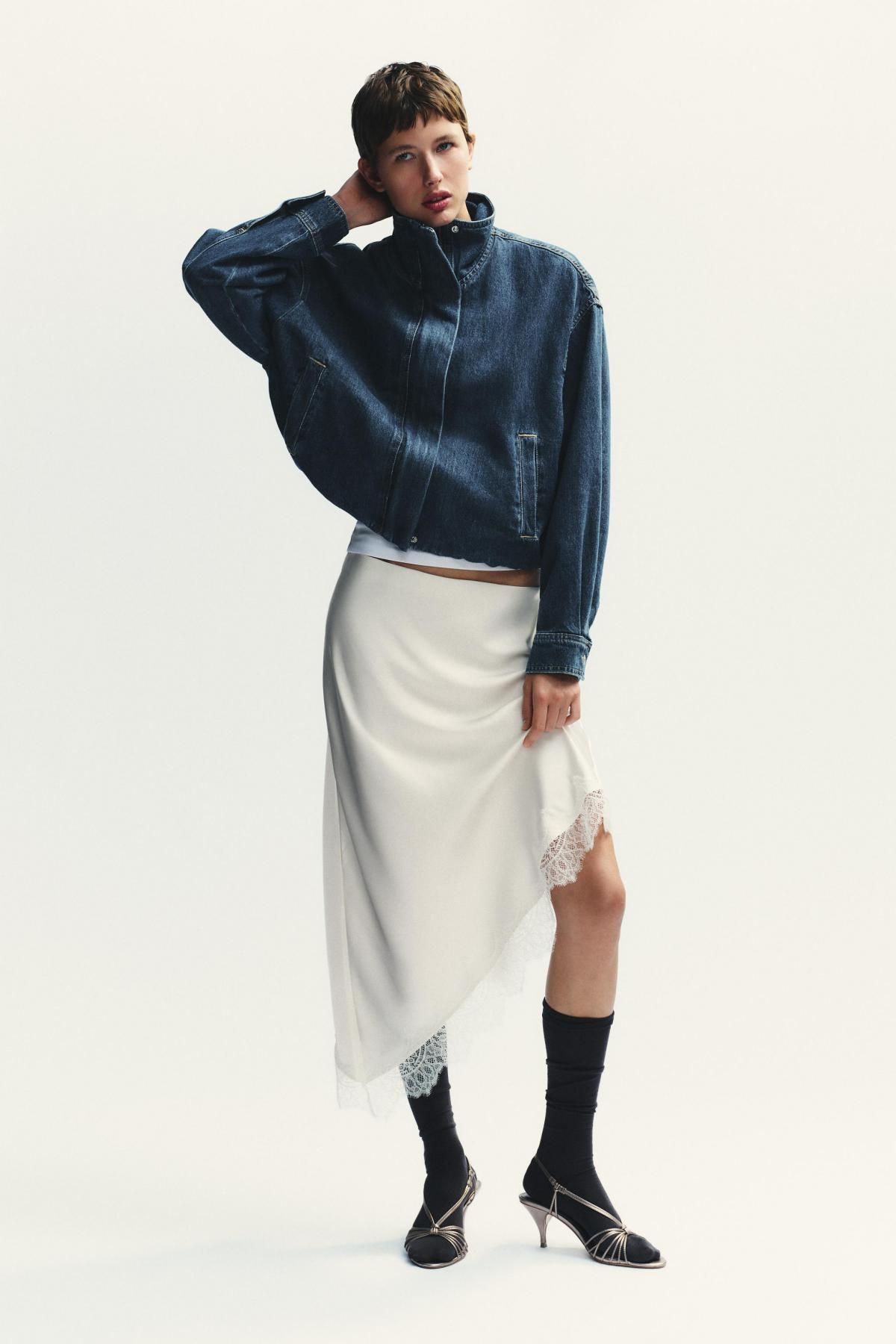 자라 새틴 레이스 언밸런스 미디 스커트 4772/509 OYSTER-WHITE - 상세 이미지 2