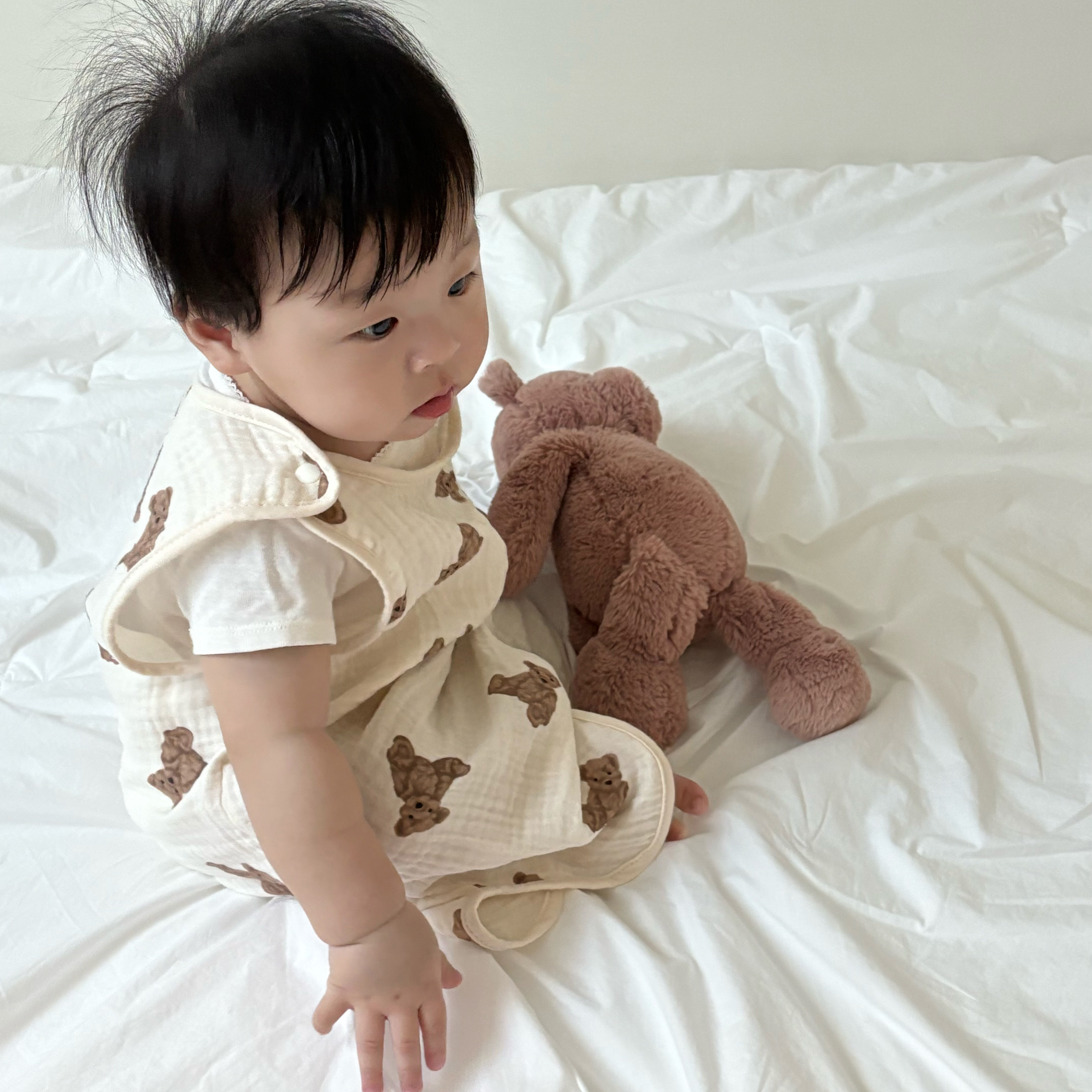 바니블라썸 아기 수면조끼 봄 여름 유아 실내복 신생아 거즈 수면잠옷 골지 베이지