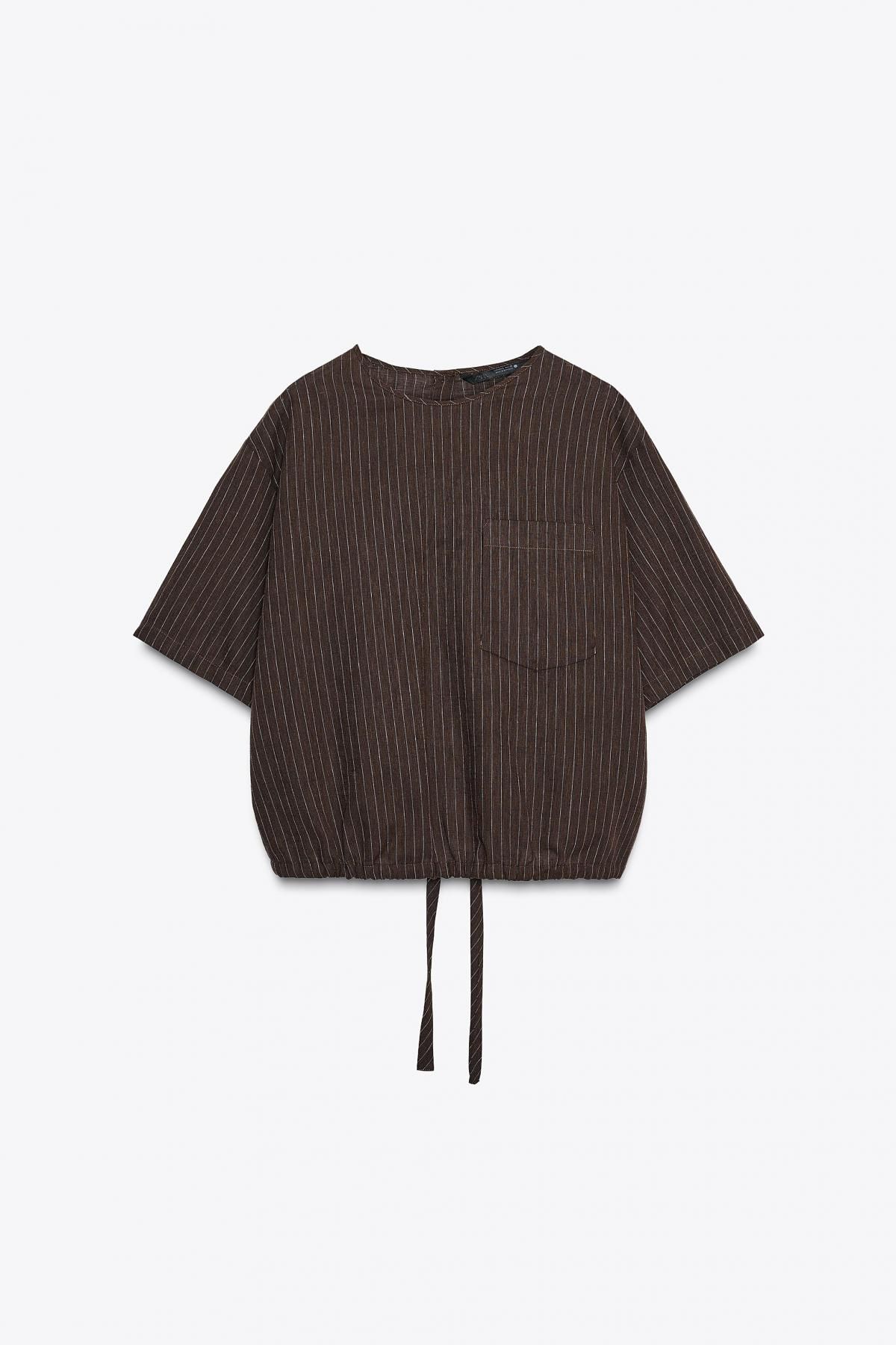 자라 스트라이프 린넨블렌드 라운드넥 반팔 니트 탑 8579/232 BROWN / ECRU - 메인 이미지