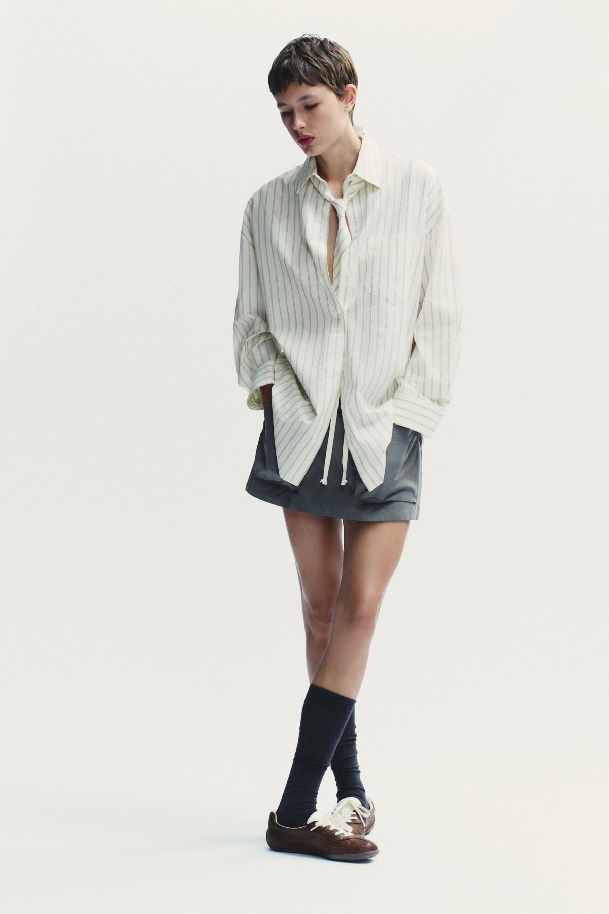 자라 오버핏 스트라이프 타이 코튼 긴팔 셔츠 4764/113 WHITE / GREY - 상세 이미지 2