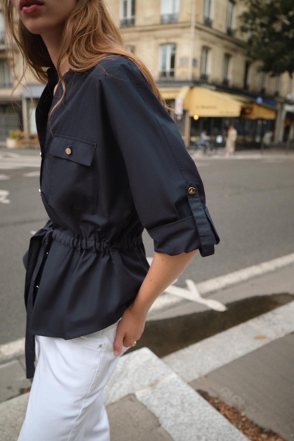 자라 포플린 브이넥 사파리 셔츠 8665/337 NAVY BLUE - 상세 이미지 3