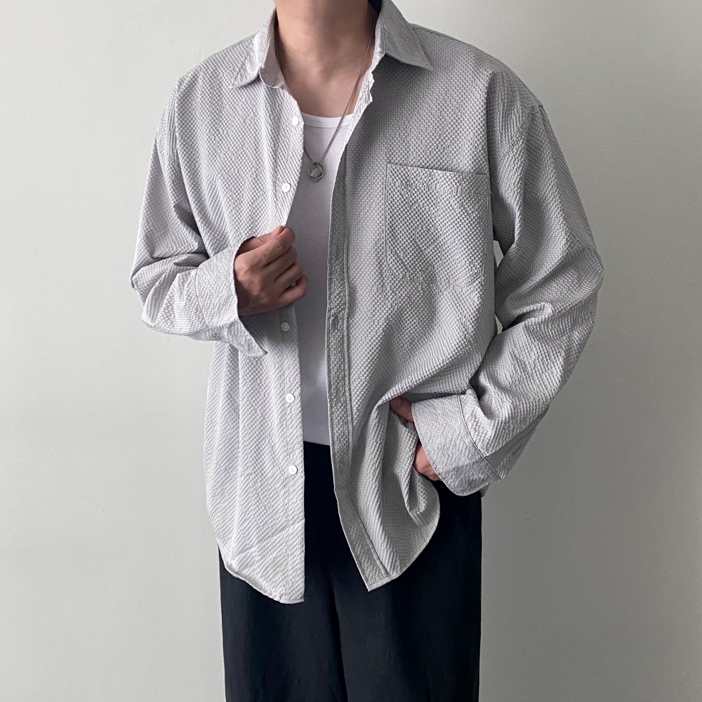 남자 오버핏 시어서커셔츠 긴팔 구김없는 여름 블랙 캐쥬얼셔츠 - 상품 이미지
