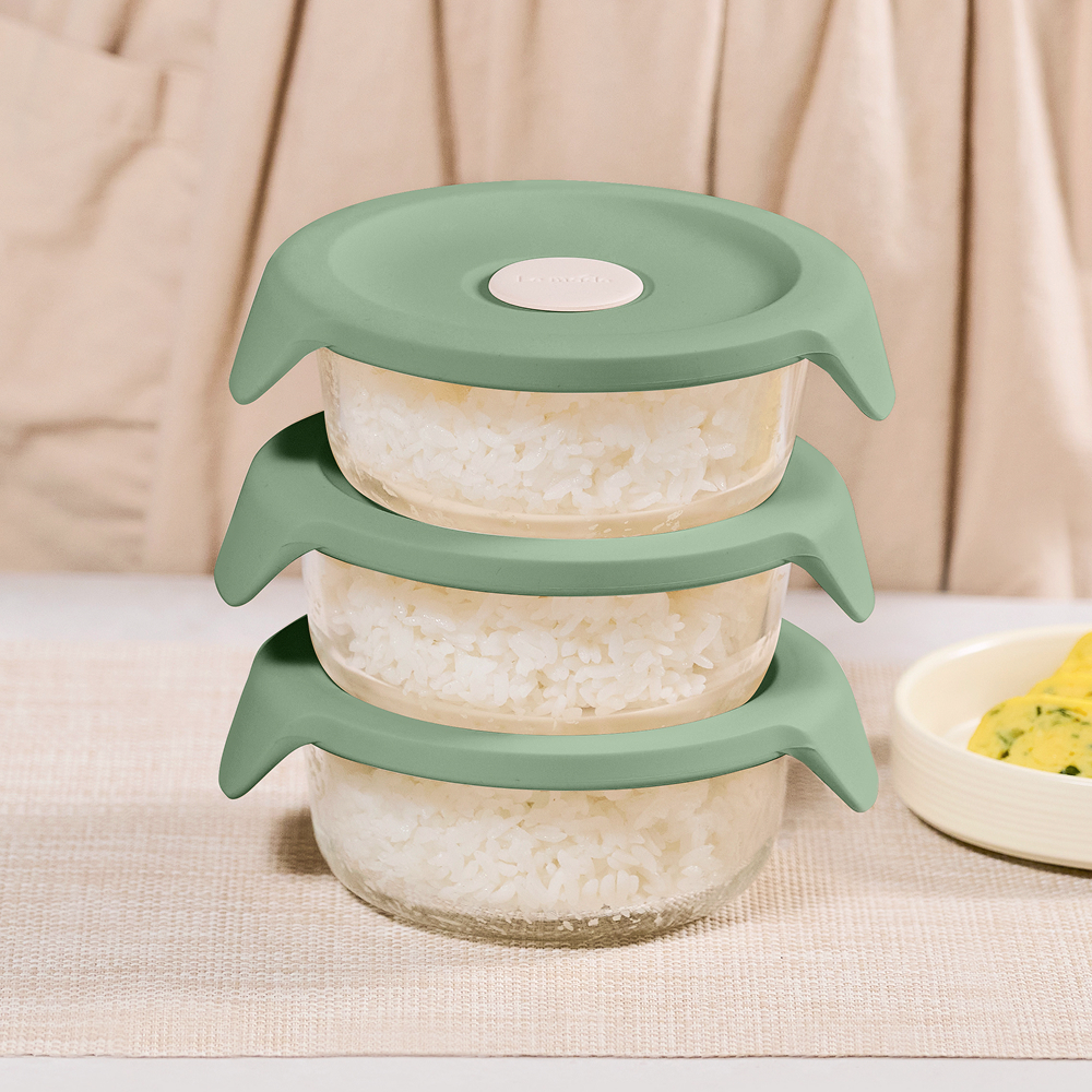 르메이드 한끼완성 냉동밥보관 원형 유리 용기 내열유리 반찬통 3개입 세이지그린