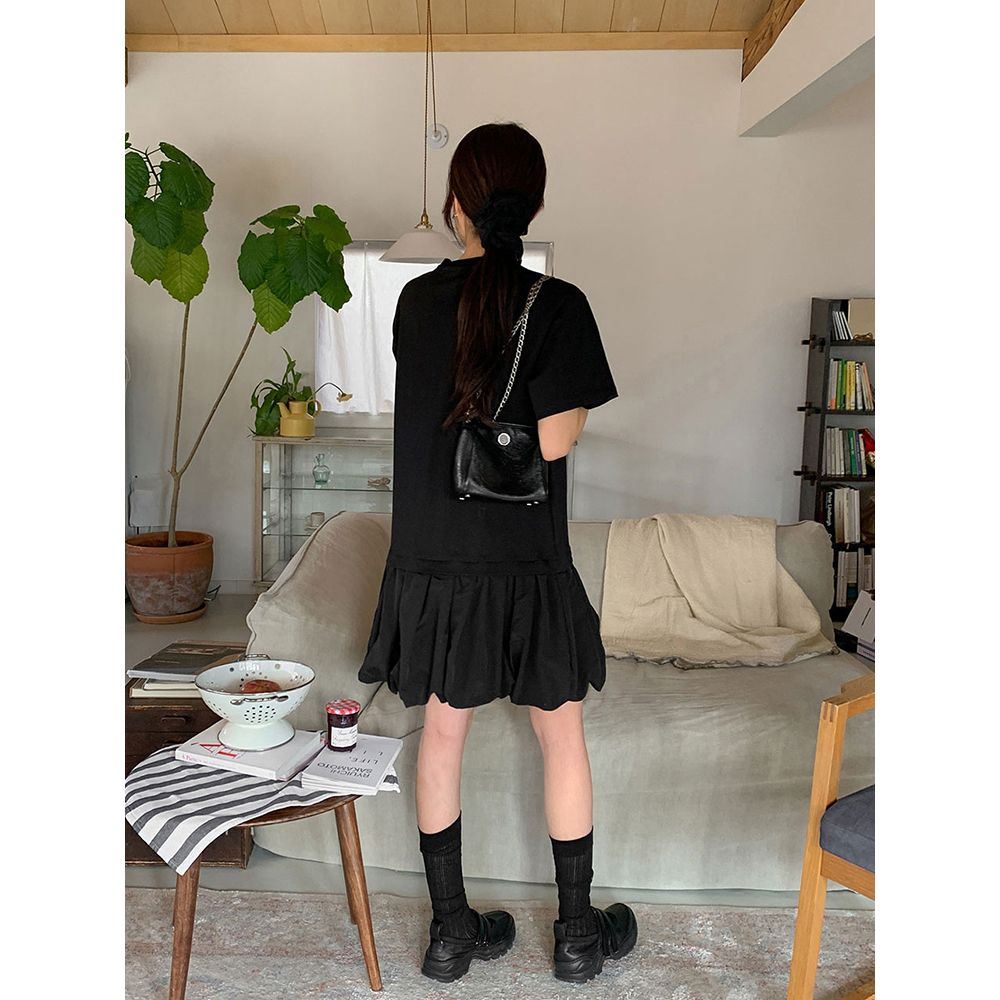 여름 블랙 셔링 A라인 미니원피스 반팔룩 bying24 이미지 6