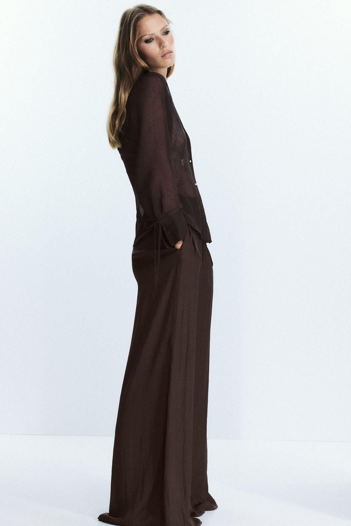 자라 시스루 브라운 타이 디테일 셔츠 8615/737 DARK BROWN - 상세 이미지 4