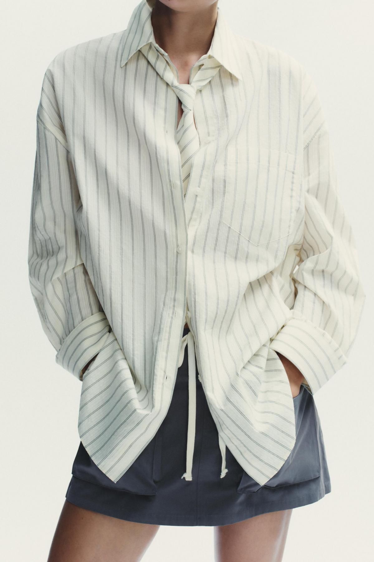 자라 오버핏 스트라이프 타이 코튼 긴팔 셔츠 4764/113 WHITE / GREY - 상세 이미지 4