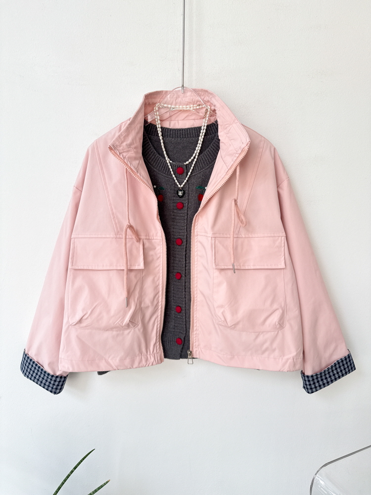 아노락 포켓 롤업 체크 소매 하이넥 가을 점퍼