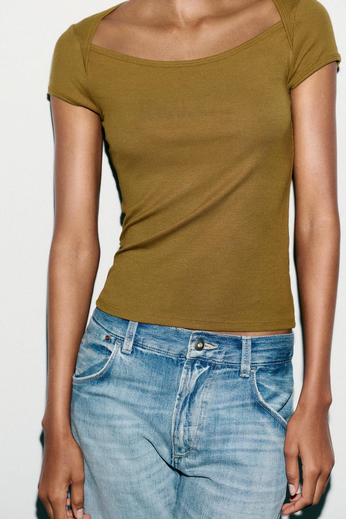 자라 베이직 스퀘어넥 반팔 티셔츠 5584/303 GREENISH - 상세 이미지 4
