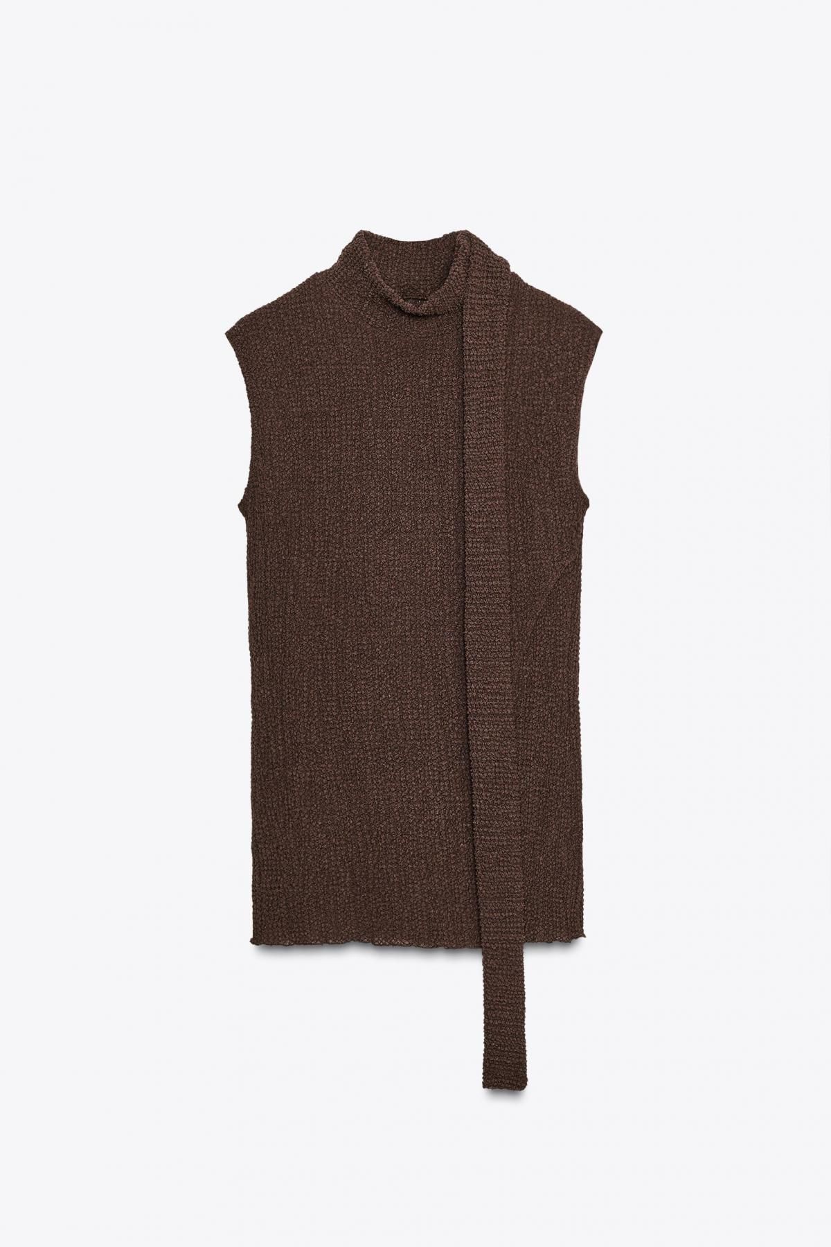 자라 텍스처 하이넥 민소매 스카프 니트 탑 0347/803 DARK BROWN - 메인 이미지