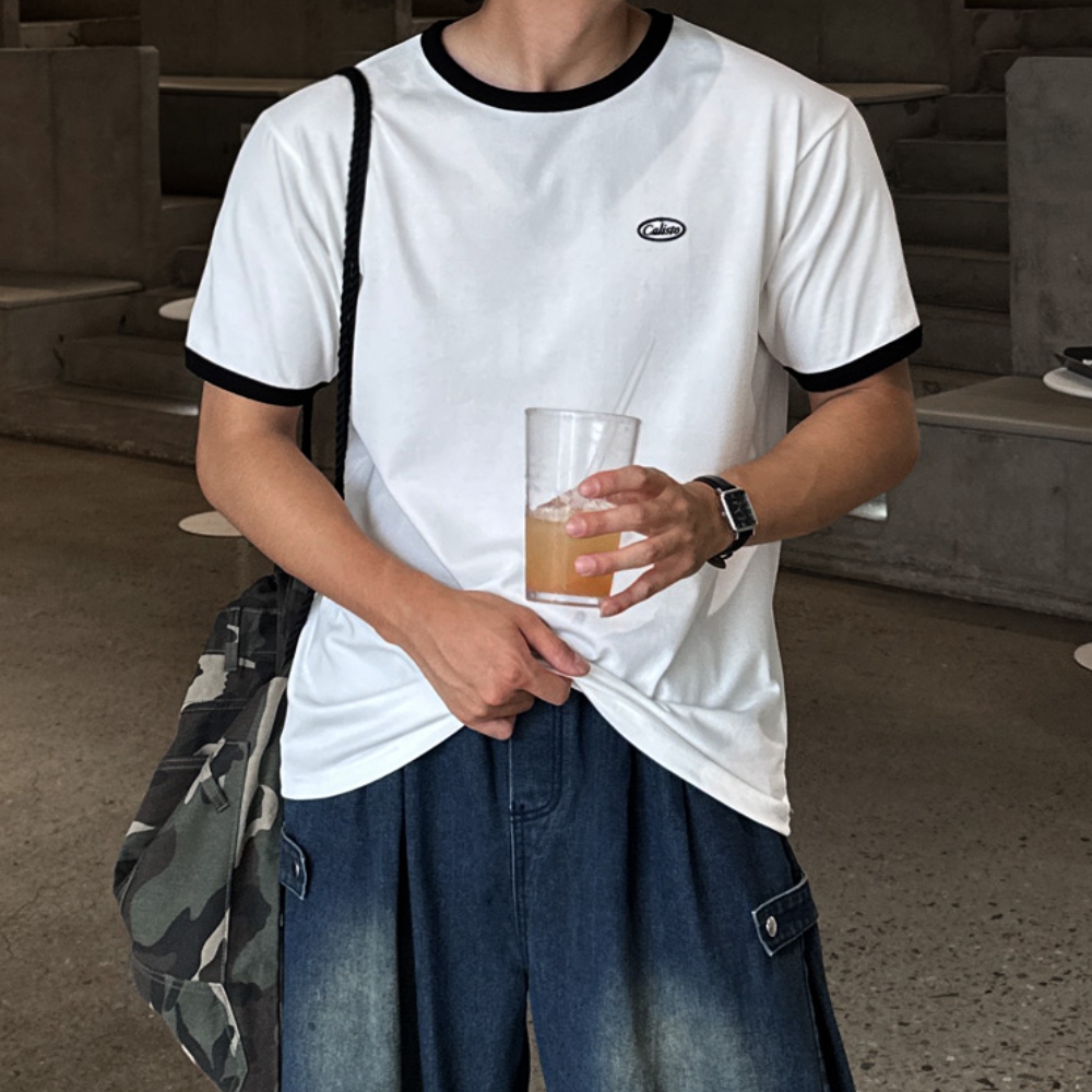 남자 모랄 세미머슬핏 여름 20수면 와펜 링거 배색 반팔티 - 메인 이미지