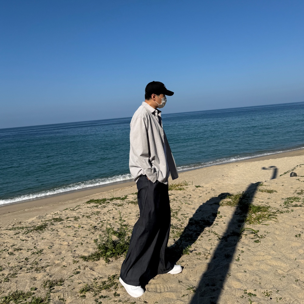남자 오버핏 시어서커셔츠 긴팔 구김없는 여름 블랙 캐쥬얼셔츠 - 상세 이미지 3