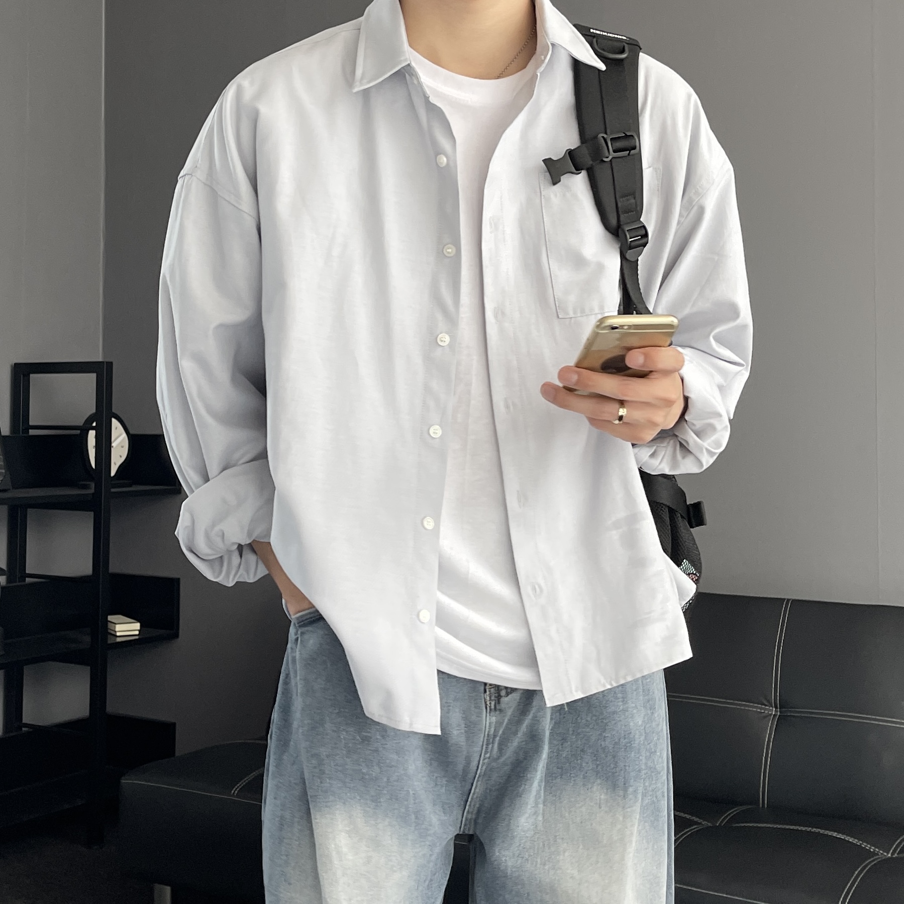 남자크롭셔츠 남자오버핏셔츠 남자흰색셔츠 - 상세 이미지 5