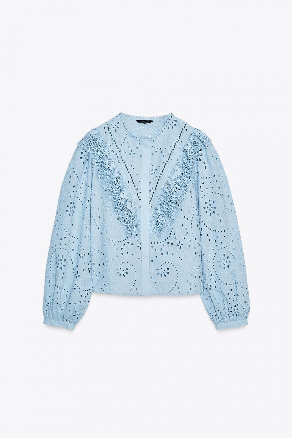 자라 레이스 펀칭 로맨틱 라운드넥 긴팔 셔츠 8741/231 PASTEL BLUE - 메인 이미지