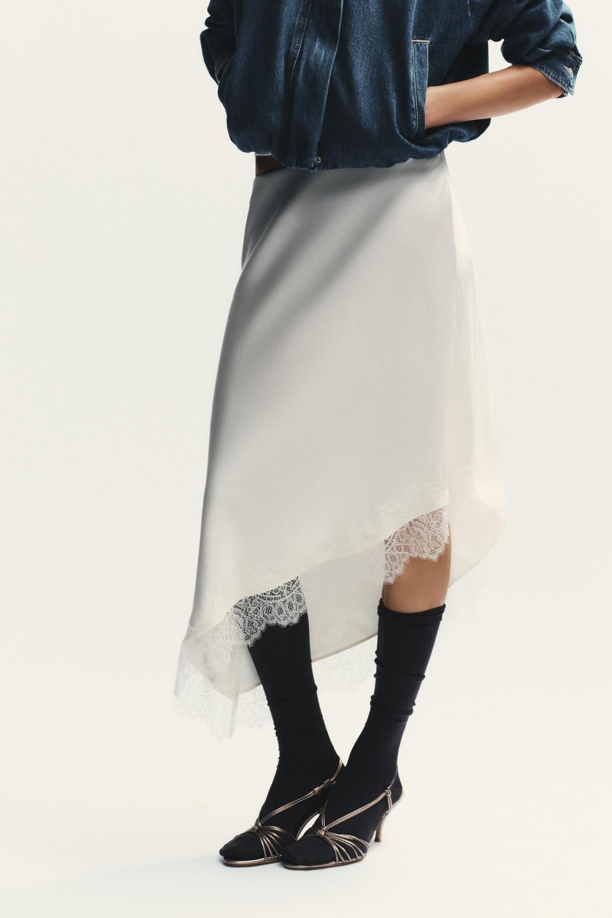 자라 새틴 레이스 언밸런스 미디 스커트 4772/509 OYSTER-WHITE - 상세 이미지 4