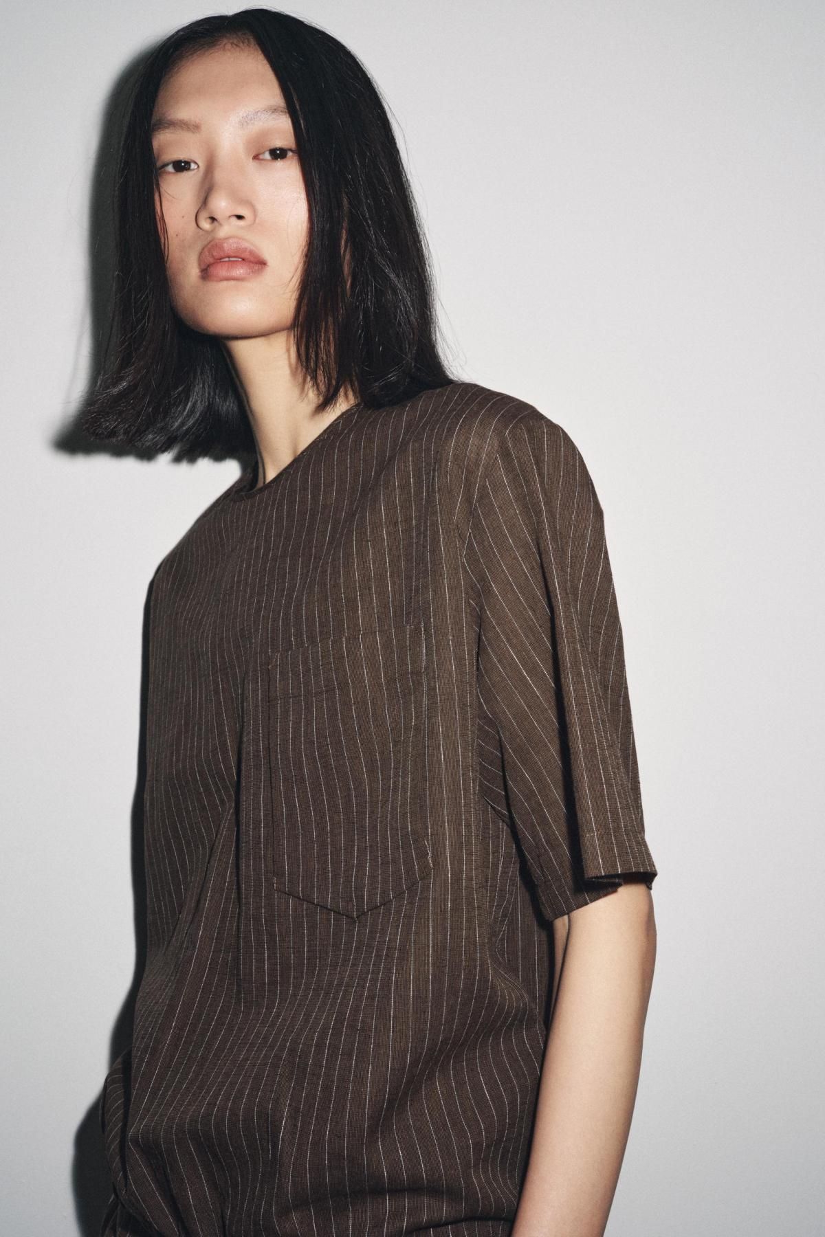 자라 스트라이프 린넨블렌드 라운드넥 반팔 니트 탑 8579/232 BROWN / ECRU - 상세 이미지 3