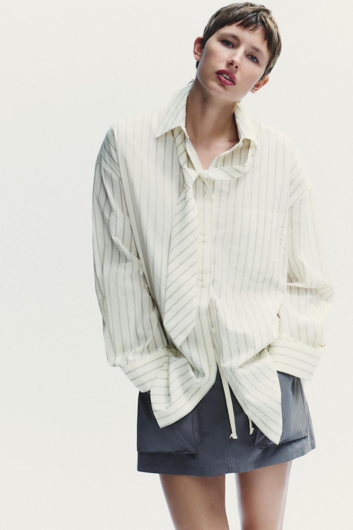 자라 오버핏 스트라이프 타이 코튼 긴팔 셔츠 4764/113 WHITE / GREY - 상세 이미지 3