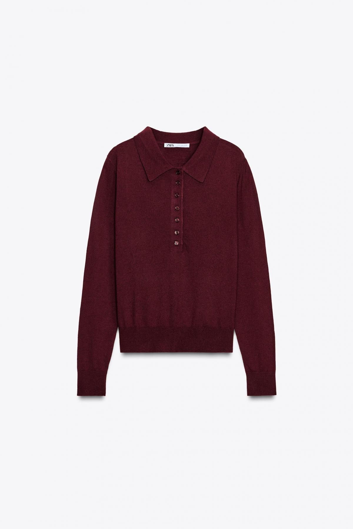 자라 플레인 니트 긴팔 폴로 셔츠 2142/271 BURGUNDY