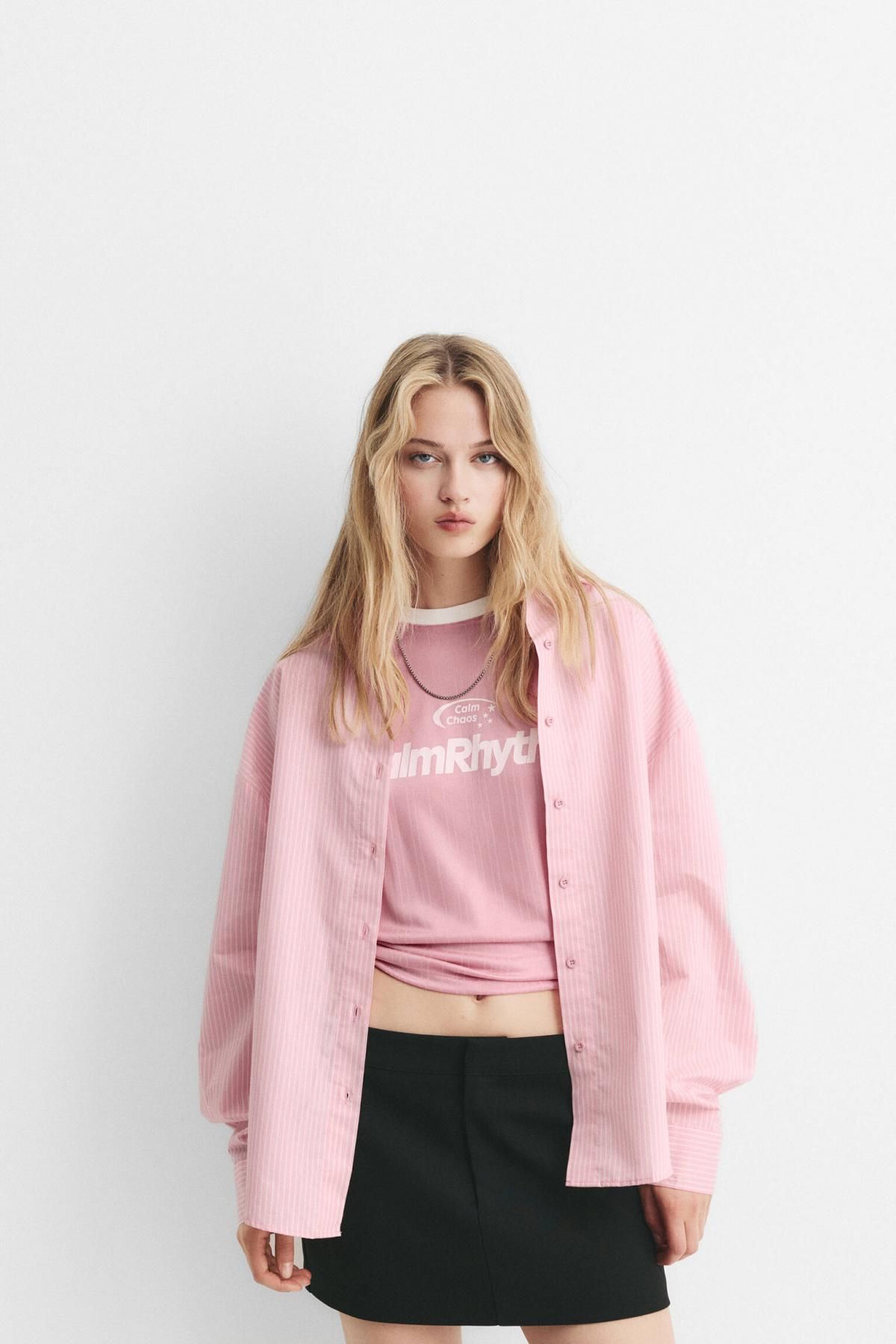 풀앤베어 스트라이프 포플린 오버핏 긴팔 셔츠 7472/382 PINK - 상세 이미지 2