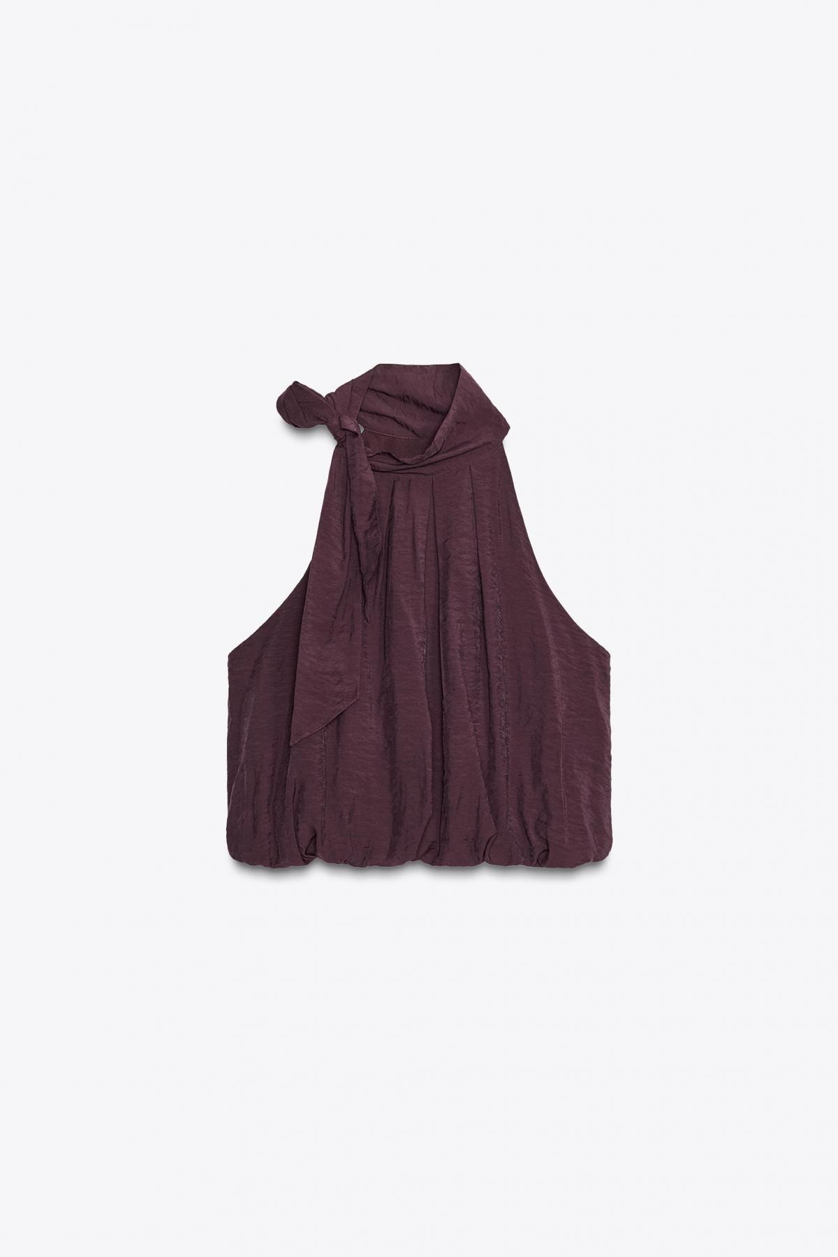 자라 로맨틱 하이넥 리본 퍼프 민소매 블라우스 3897/163 DARK AUBERGINE - 메인 이미지