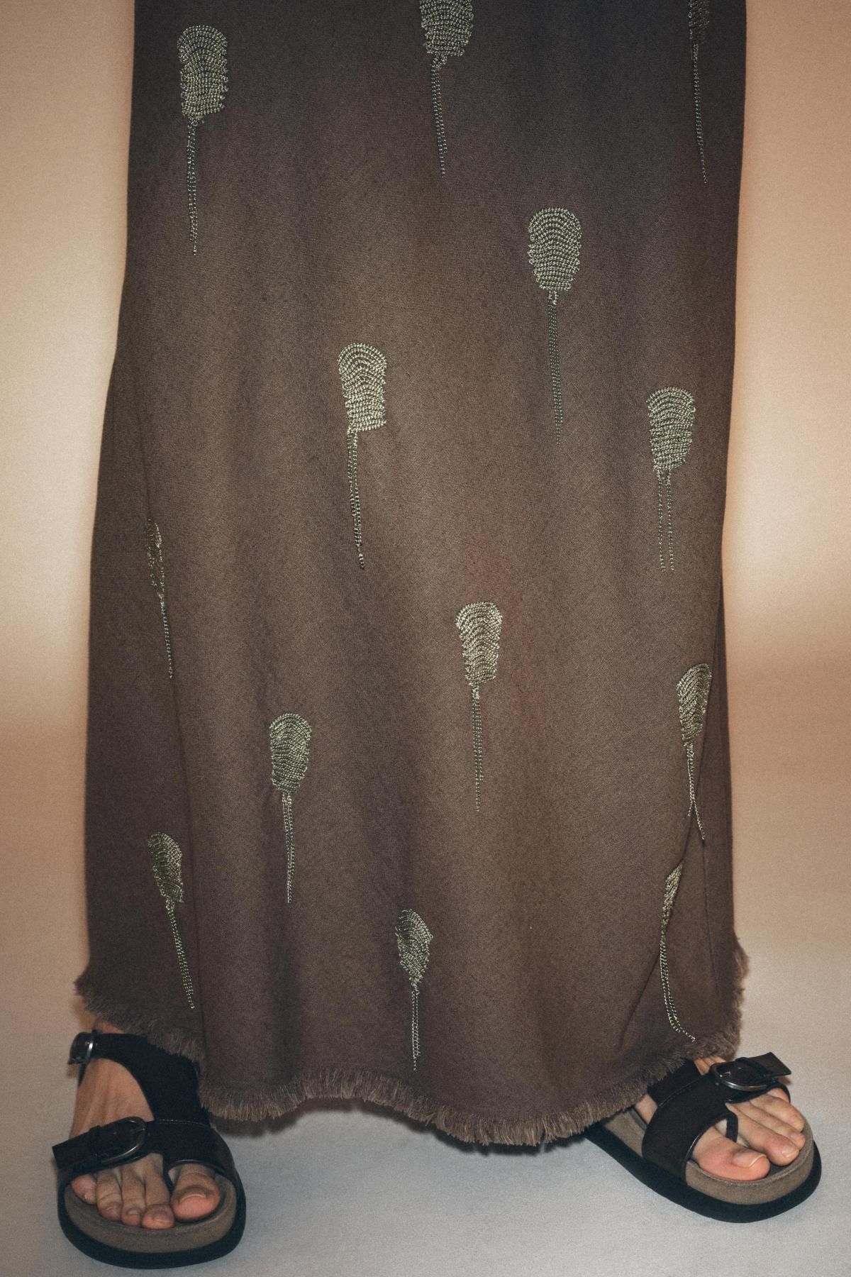 자라 에스닉 자수 린넨 블렌드 롱 스커트 6895/270 GREY MARL - 상세 이미지 4