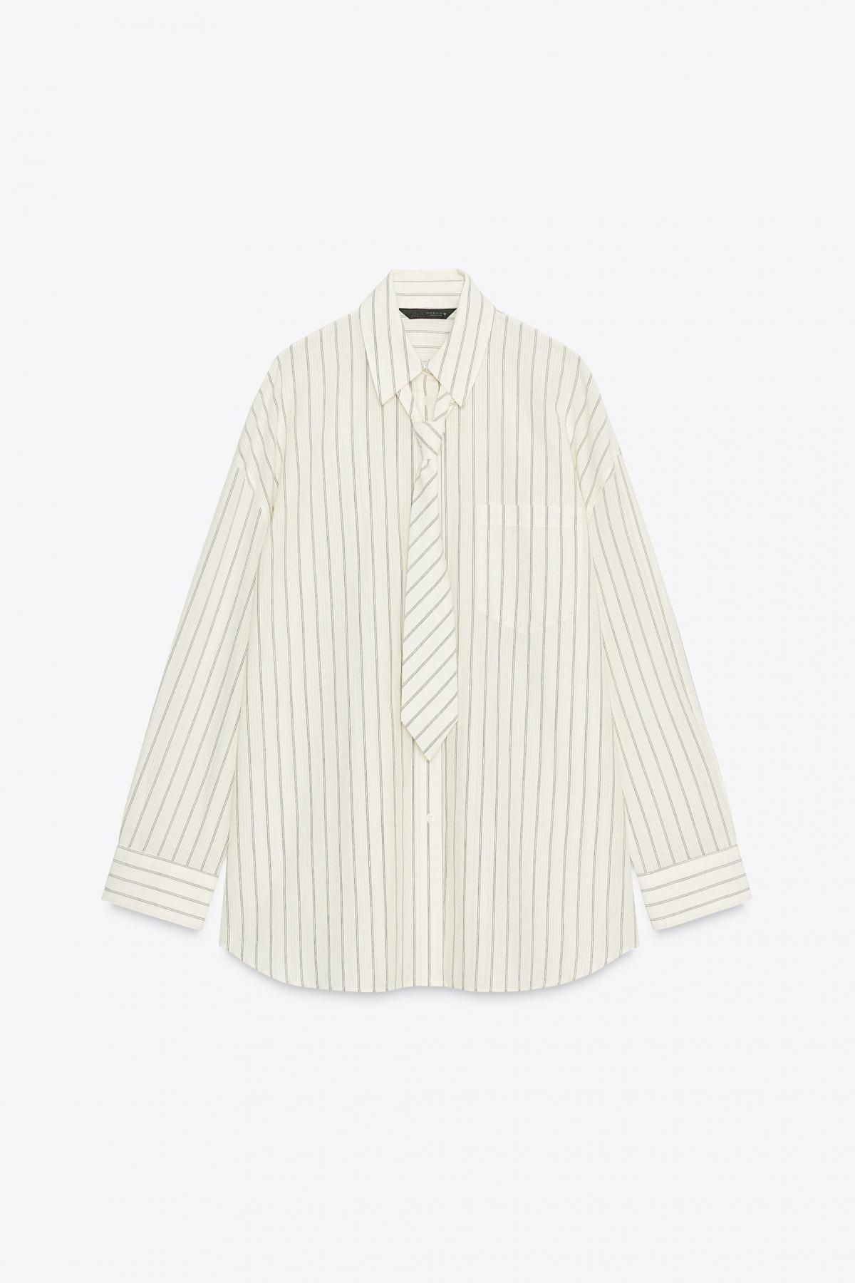 자라 오버핏 스트라이프 타이 코튼 긴팔 셔츠 4764/113 WHITE / GREY - 상품 이미지