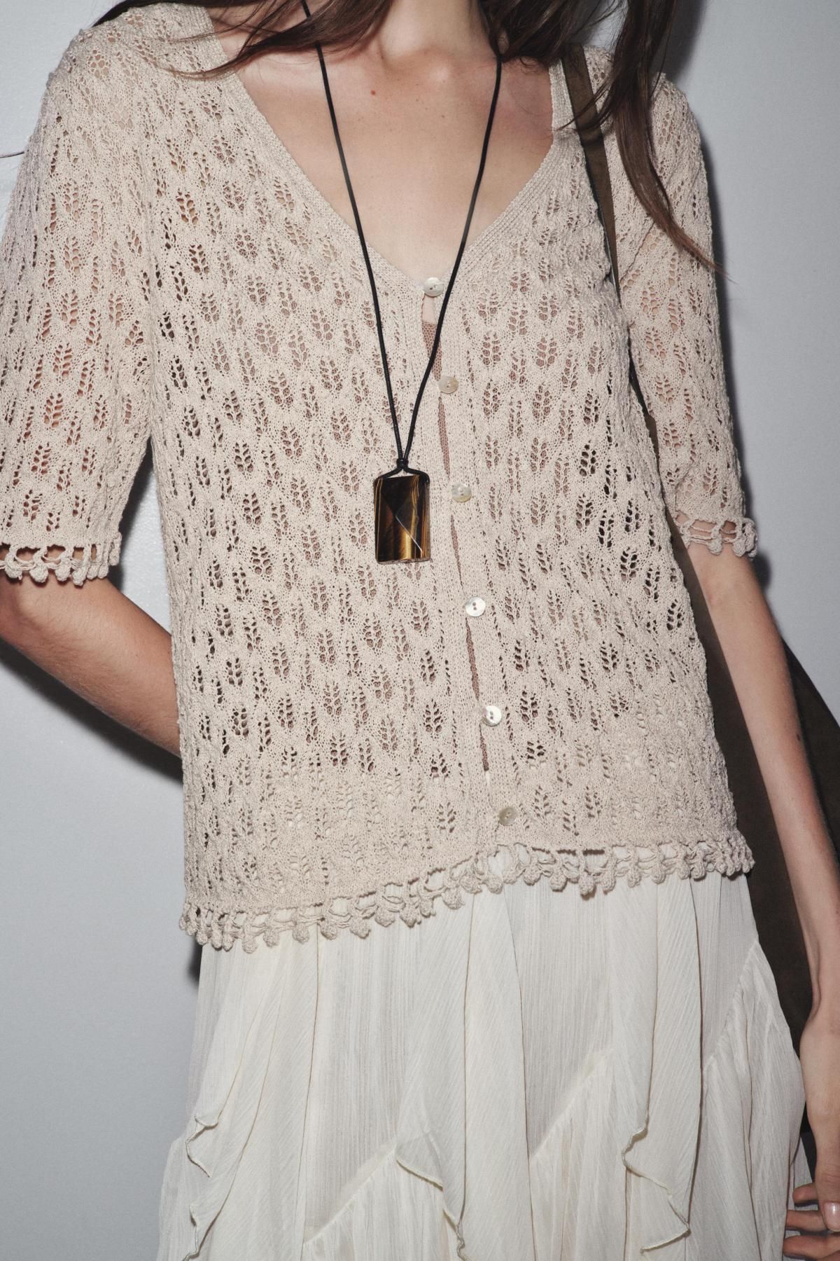 자라 포인텔 니트 브이넥 반팔 가디건 6236/102 PEARL GREY - 상세 이미지 4