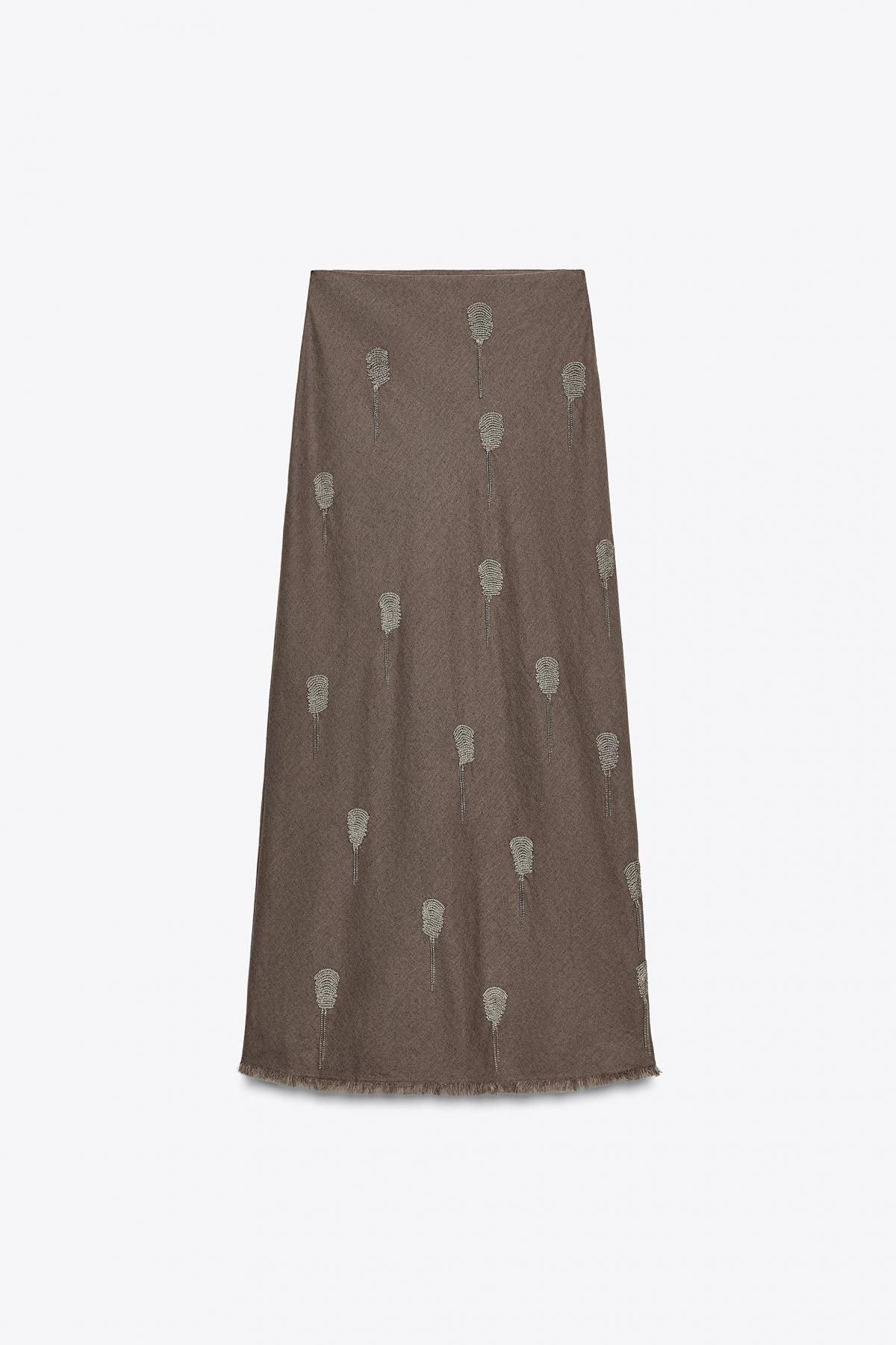 자라 에스닉 자수 린넨 블렌드 롱 스커트 6895/270 GREY MARL - 메인 이미지