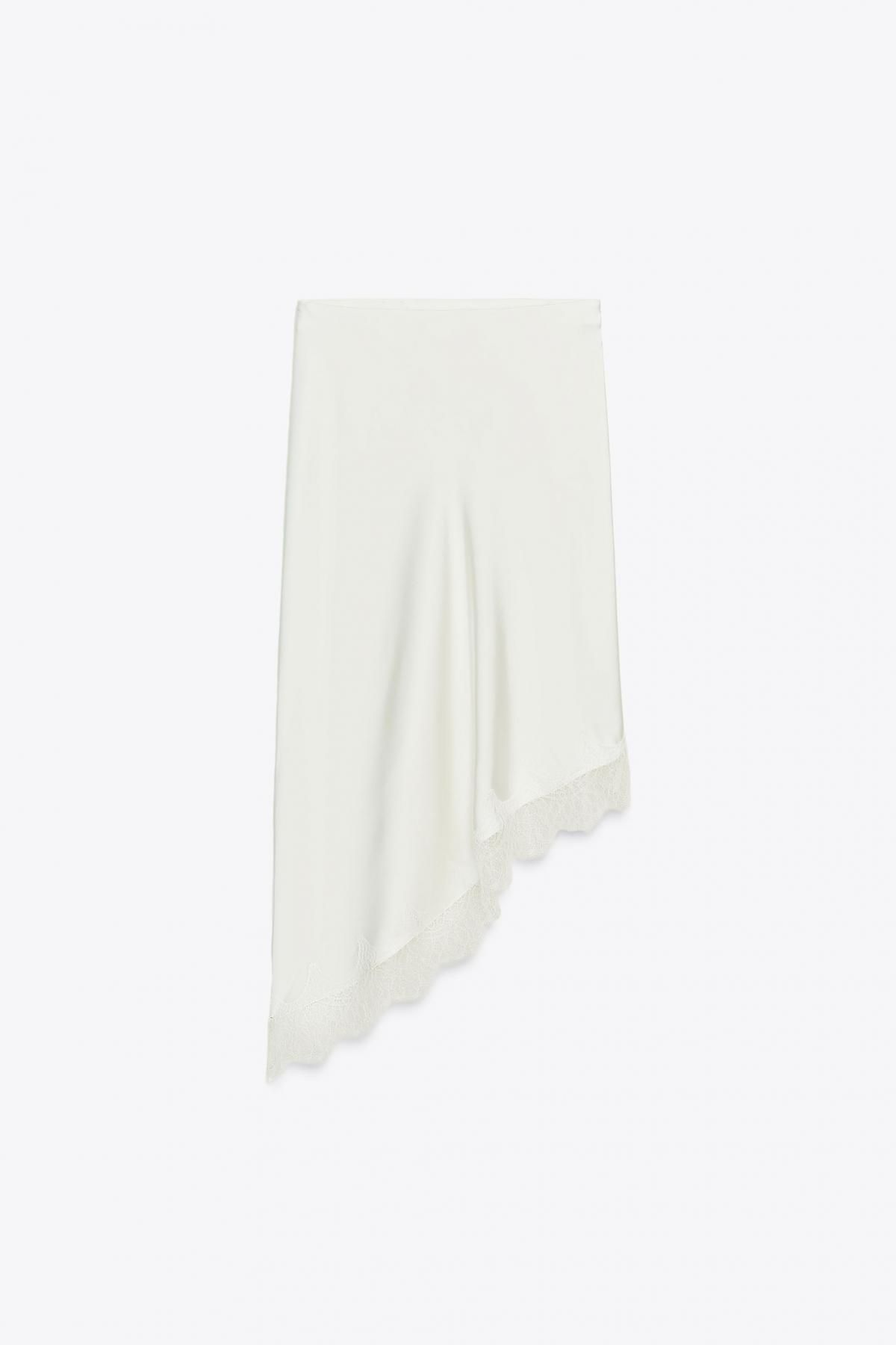 자라 새틴 레이스 언밸런스 미디 스커트 4772/509 OYSTER-WHITE - 메인 이미지