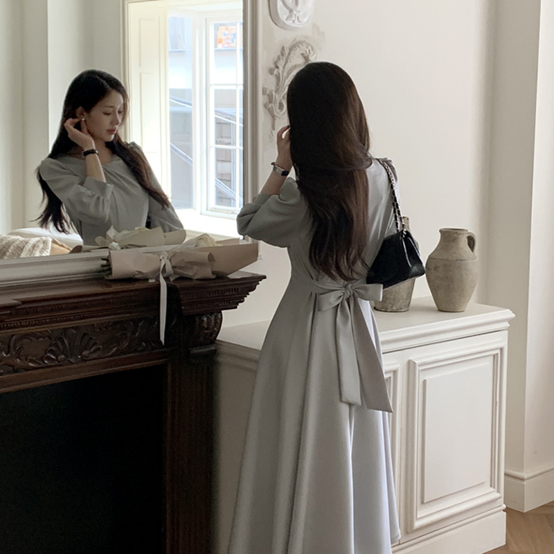 언발 꼬임 7부 퍼프소매 플레어 롱 원피스 op16177 이미지 4