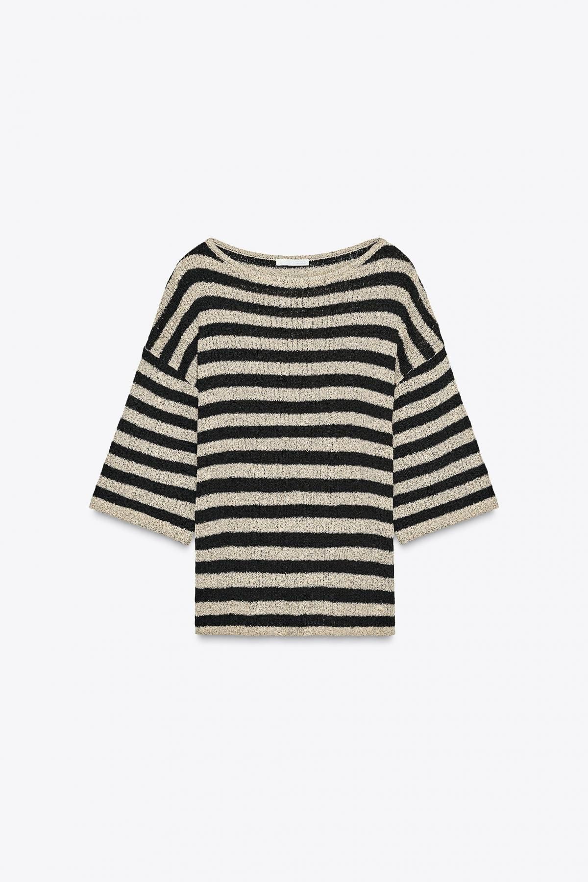 자라 스트라이프 컷아웃 라운드넥 니트 케이프 탑 8779/628 BLACK / SAND - 메인 이미지