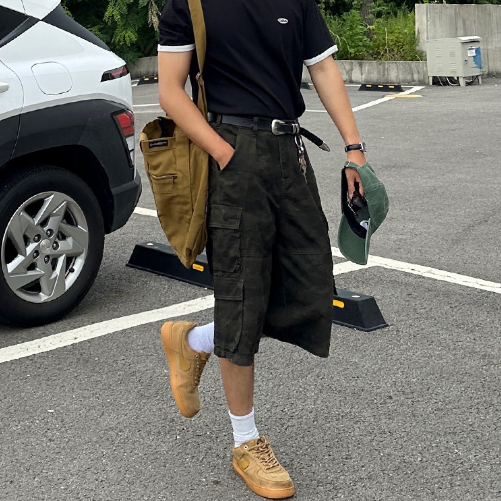 남자 랄모 여름 7부 버뮤다 와이드 카모 반밴딩 카고 반바지 - 상세 이미지 3