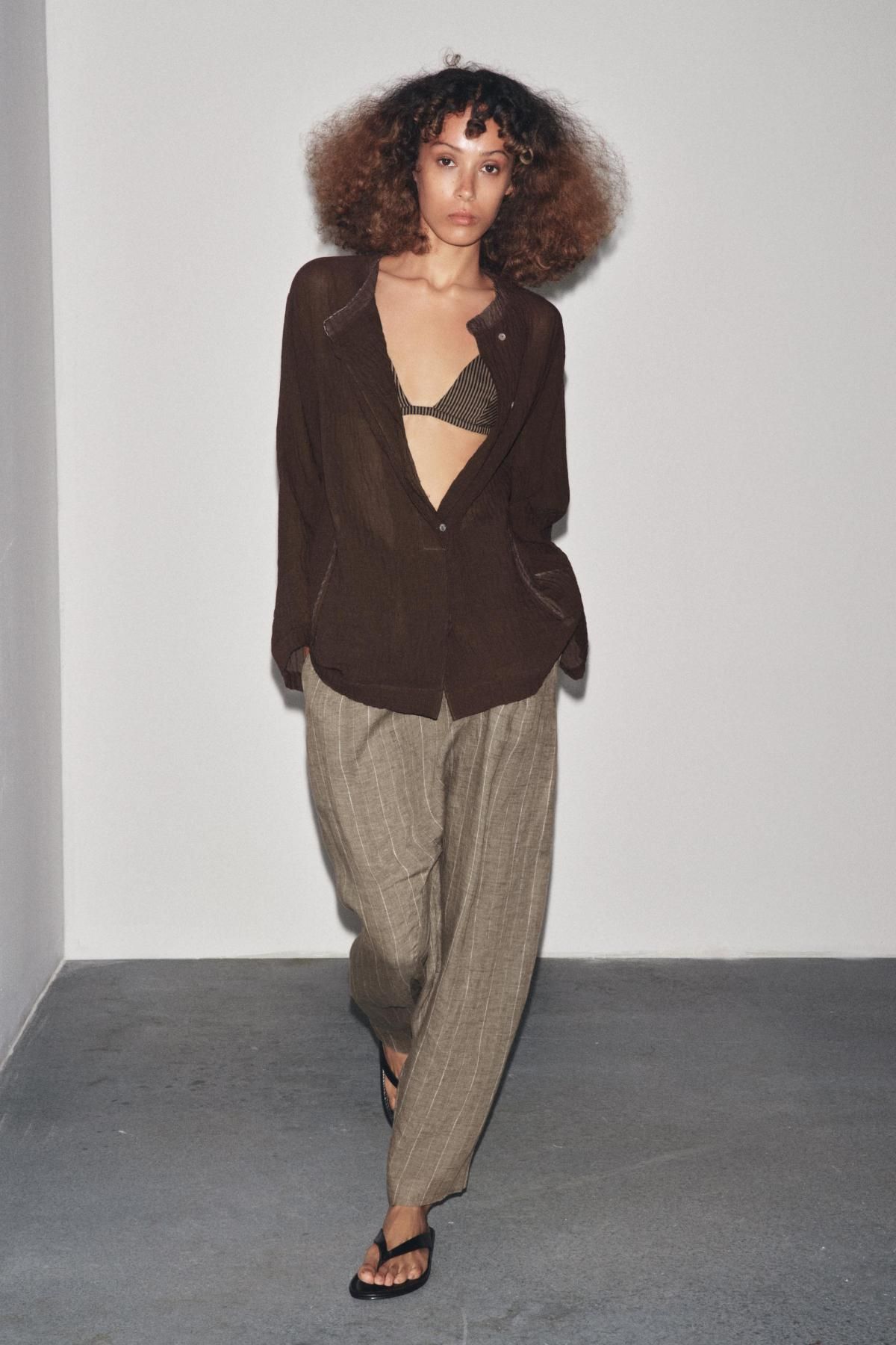 자라 텍스처 비스코스 린넨 블렌드 라운드넥 긴팔 셔츠 9424/267 BROWN - 상세 이미지 2