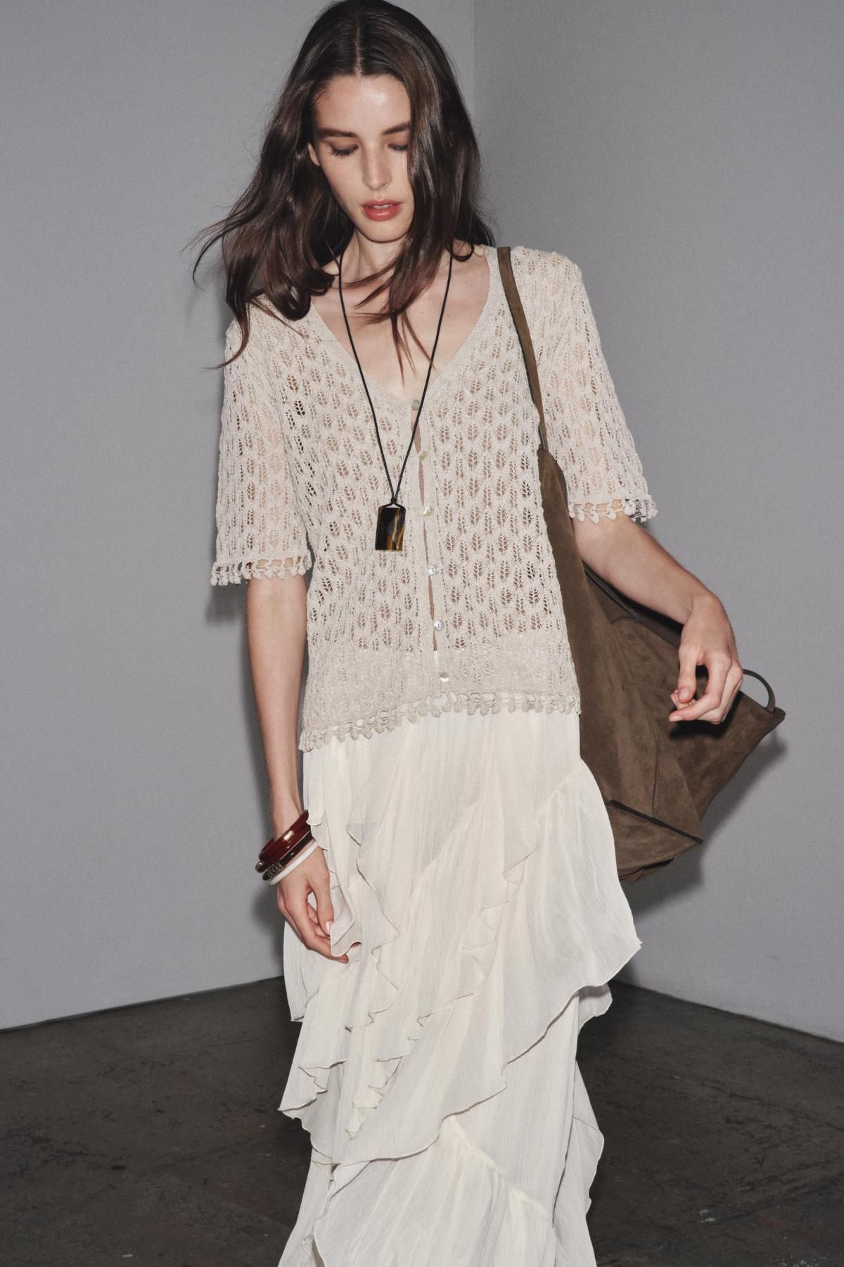 자라 포인텔 니트 브이넥 반팔 가디건 6236/102 PEARL GREY - 상세 이미지 3
