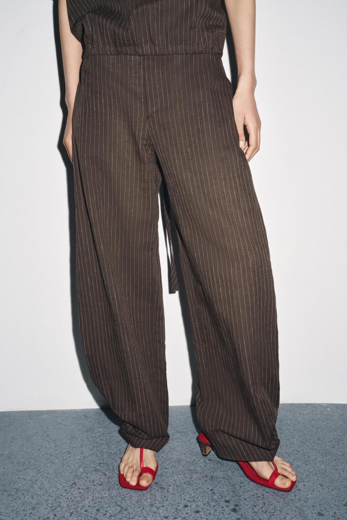 자라 스트라이프 린넨 블렌드 벌룬 와이드 팬츠 8604/232 BROWN / ECRU - 메인 이미지