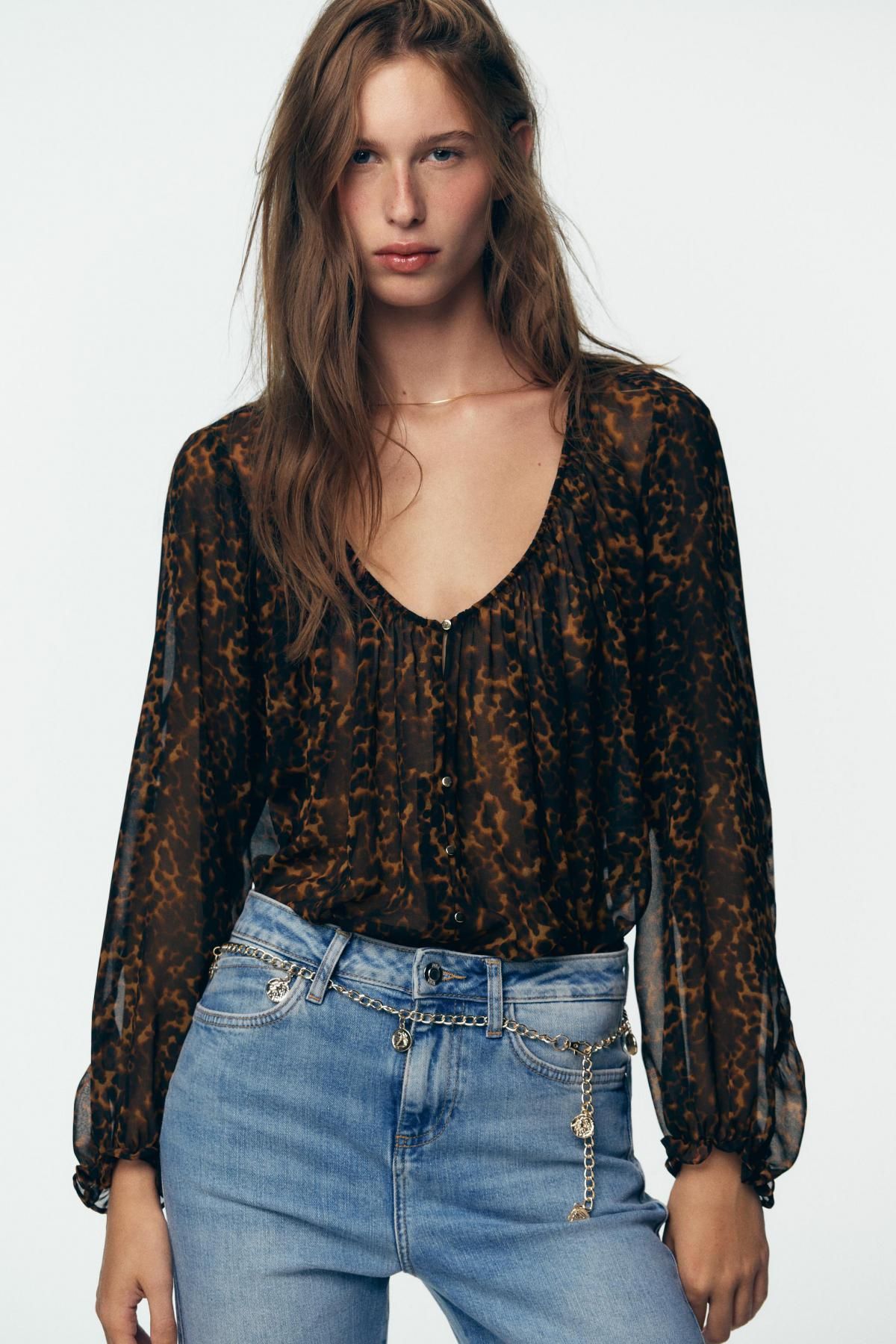 자라 애니멀 프린트 시스루 V넥 블라우스 8792/139 LEOPARD - 상세 이미지 4