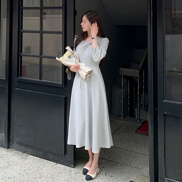 언발 꼬임 7부 퍼프소매 플레어 롱 원피스 오피스 데이트 하객룩 op16177
