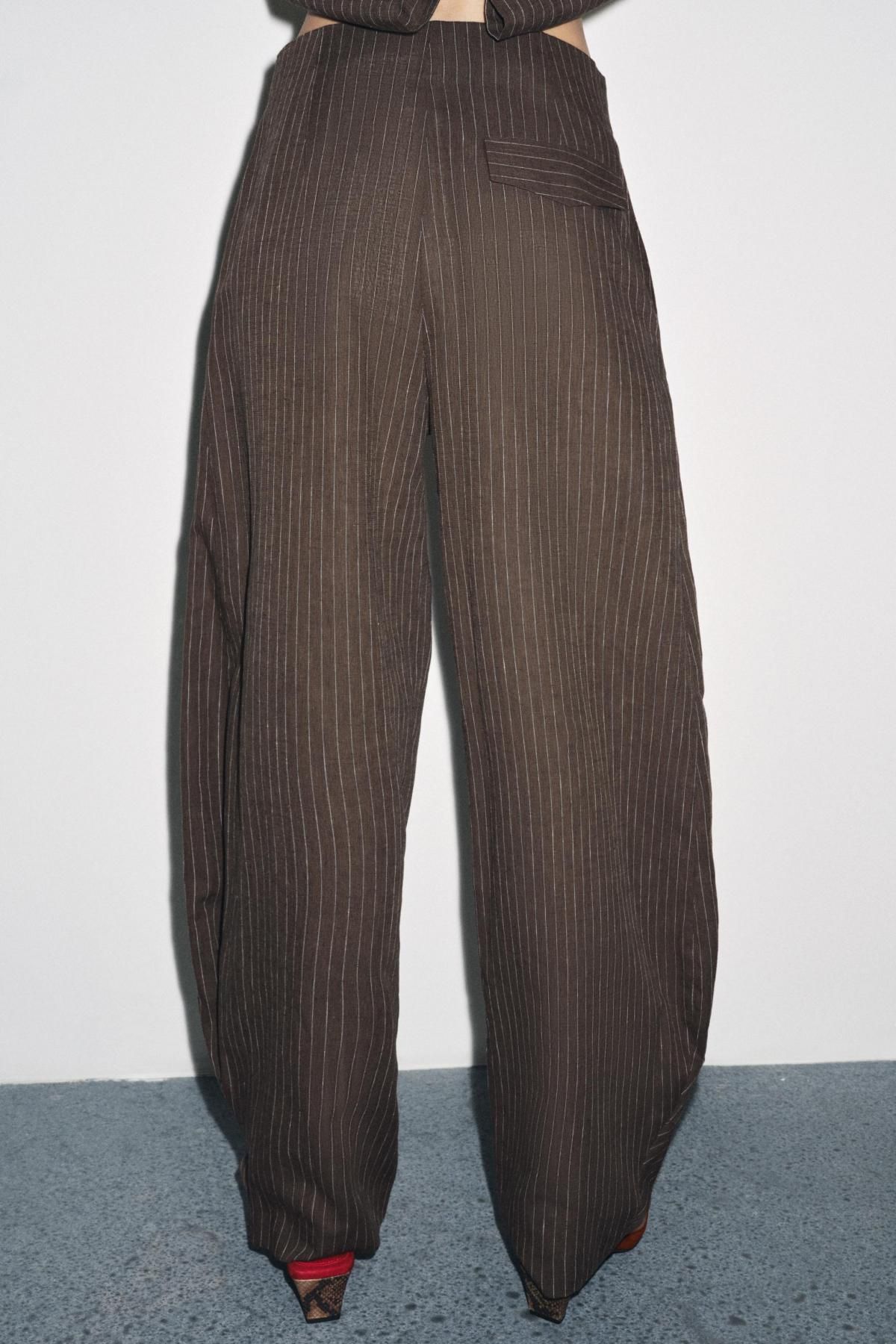 자라 스트라이프 린넨 블렌드 벌룬 와이드 팬츠 8604/232 BROWN / ECRU - 상세 이미지 3