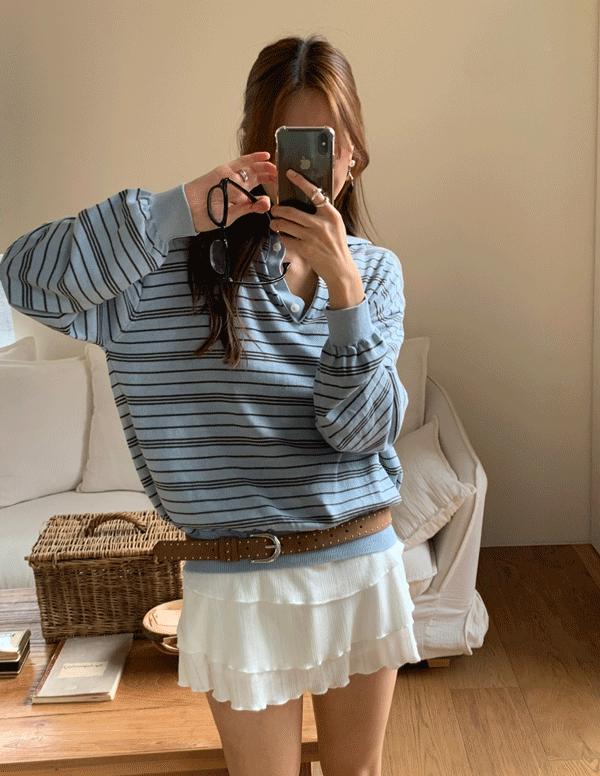샤베인 스트라이프 단가라 카라 티셔츠 - 상품 이미지