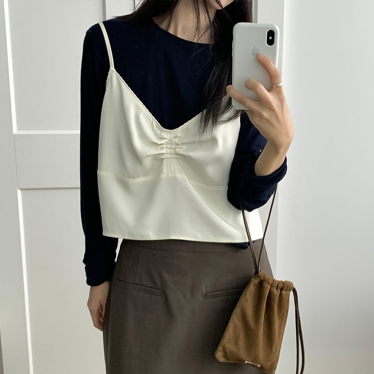 [당일발송] 바스켓 타니 뷔스티에 리본 셔링 레이어드 나시 (2c)