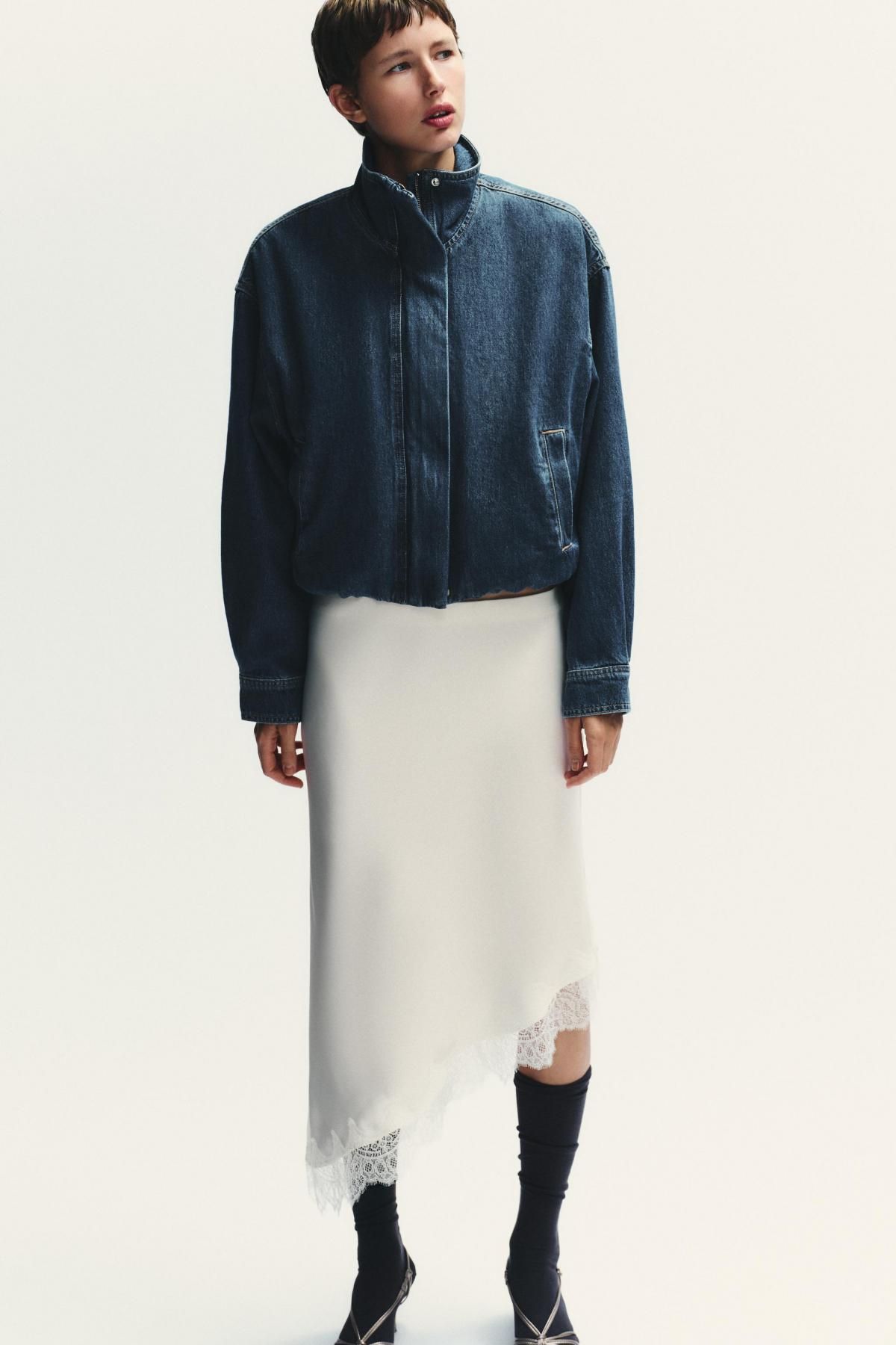 자라 새틴 레이스 언밸런스 미디 스커트 4772/509 OYSTER-WHITE - 상세 이미지 3