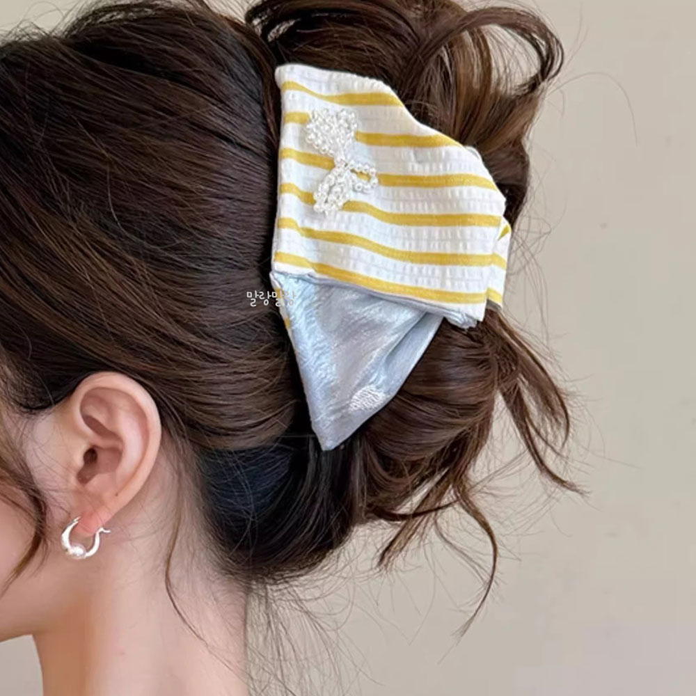 옐로우 스트라이프 리본 집게핀 귀여운 올림머리핀 큰 헤어핀 - 상세 이미지 5