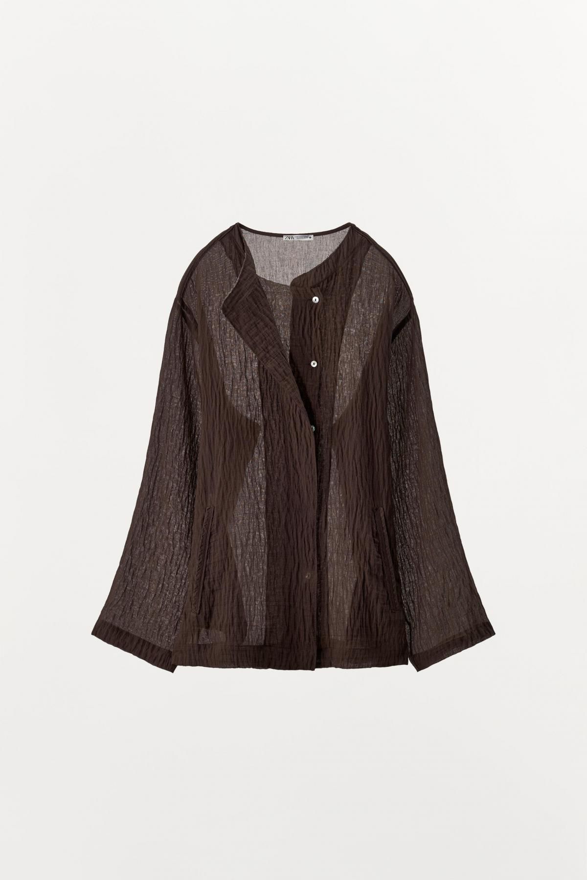 자라 텍스처 비스코스 린넨 블렌드 라운드넥 긴팔 셔츠 9424/267 BROWN - 메인 이미지