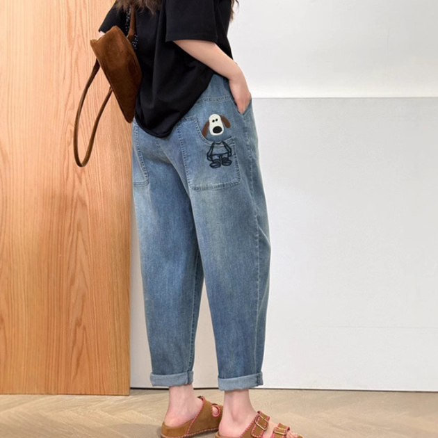가을 데일리 통청바지 여성 롤업 와이드 데님 팬츠 편한 밴딩 바지 엘로센 - 상품 이미지