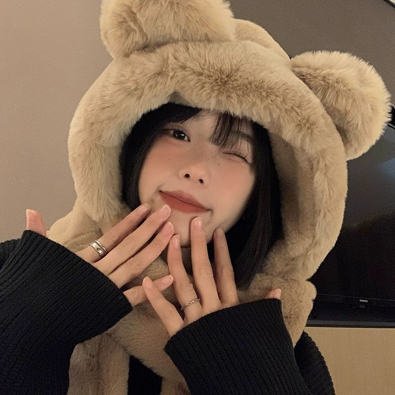 곰돌이모자 털모자목도리 머플러모자 모자 보온 뽀글이 카키 주요사진모델 M 56-58cm - 상세 이미지 3