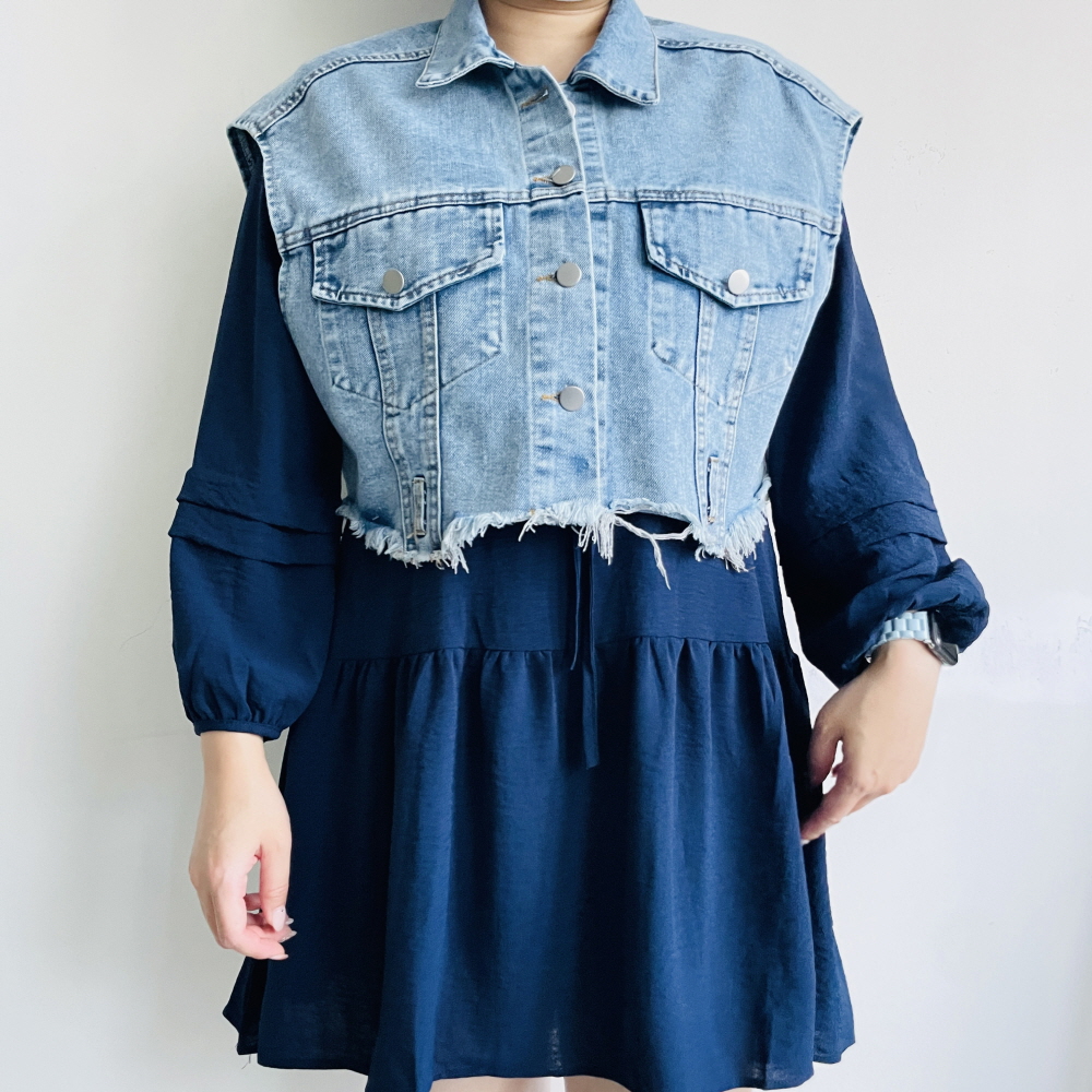 청조끼 크롭조끼 컷팅 오버핏 데님 레이어드 베스트 - 상세 이미지 3